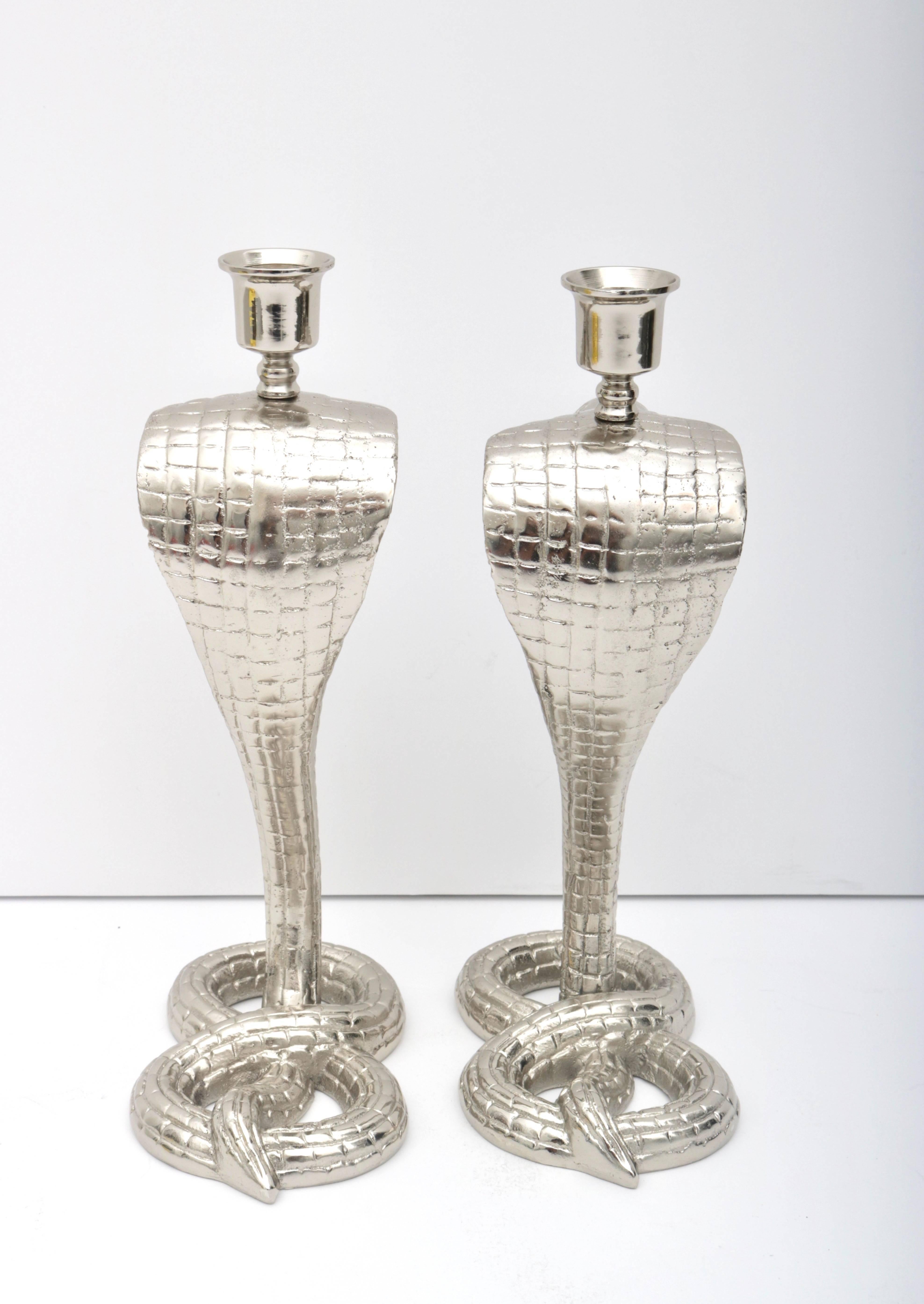 Pair of Egyptian Revival Nickle-Plated Cobra-Form Candleholders For Sale 2