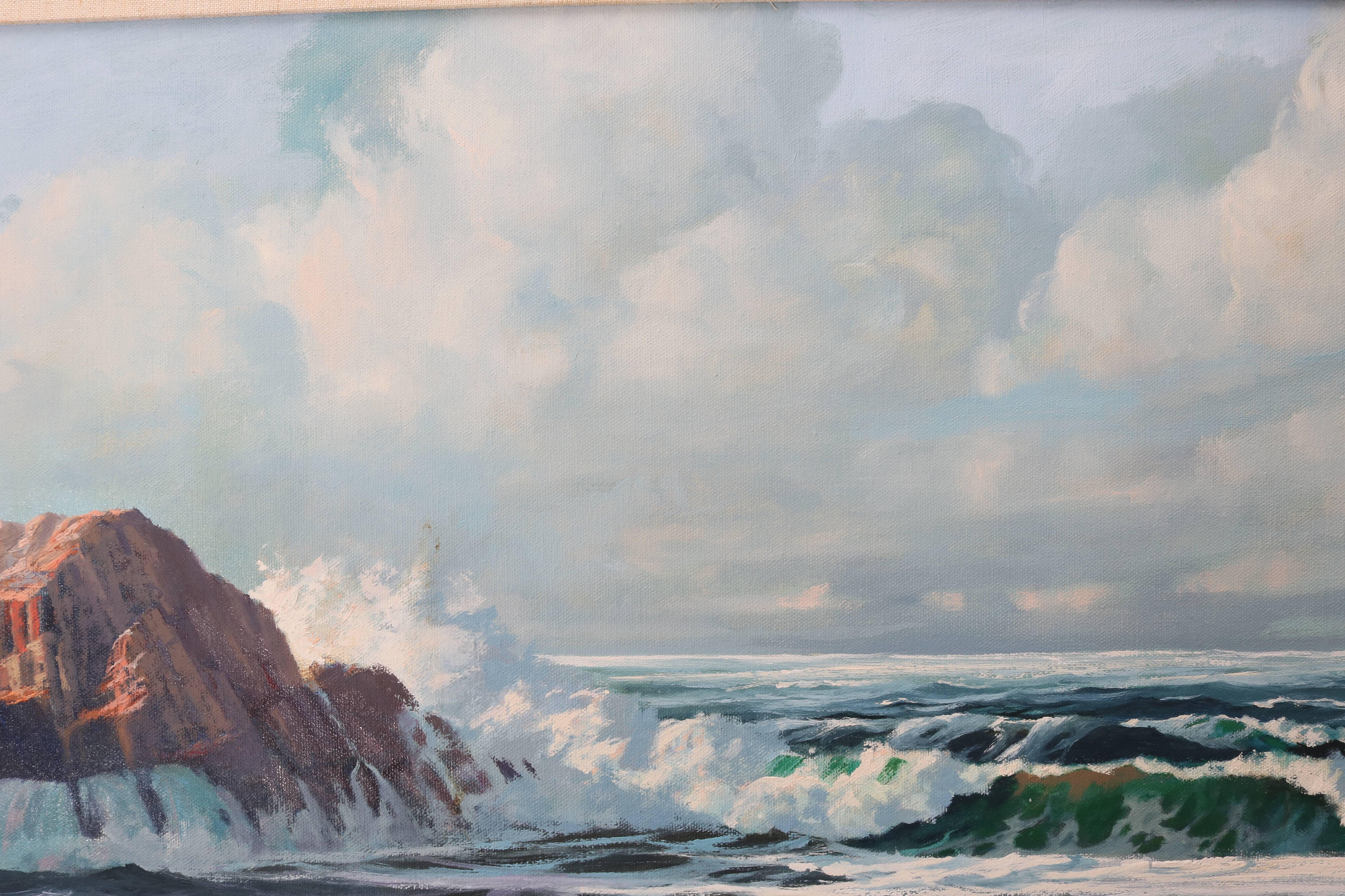 This large scale oil on canvas is by the American artist Robert P. Wheeler (member of the American Society of Marine Painters) of Cape Cod, Massachusetts. The piece depicts the high tide and crashing waves along the American coastline and it retains