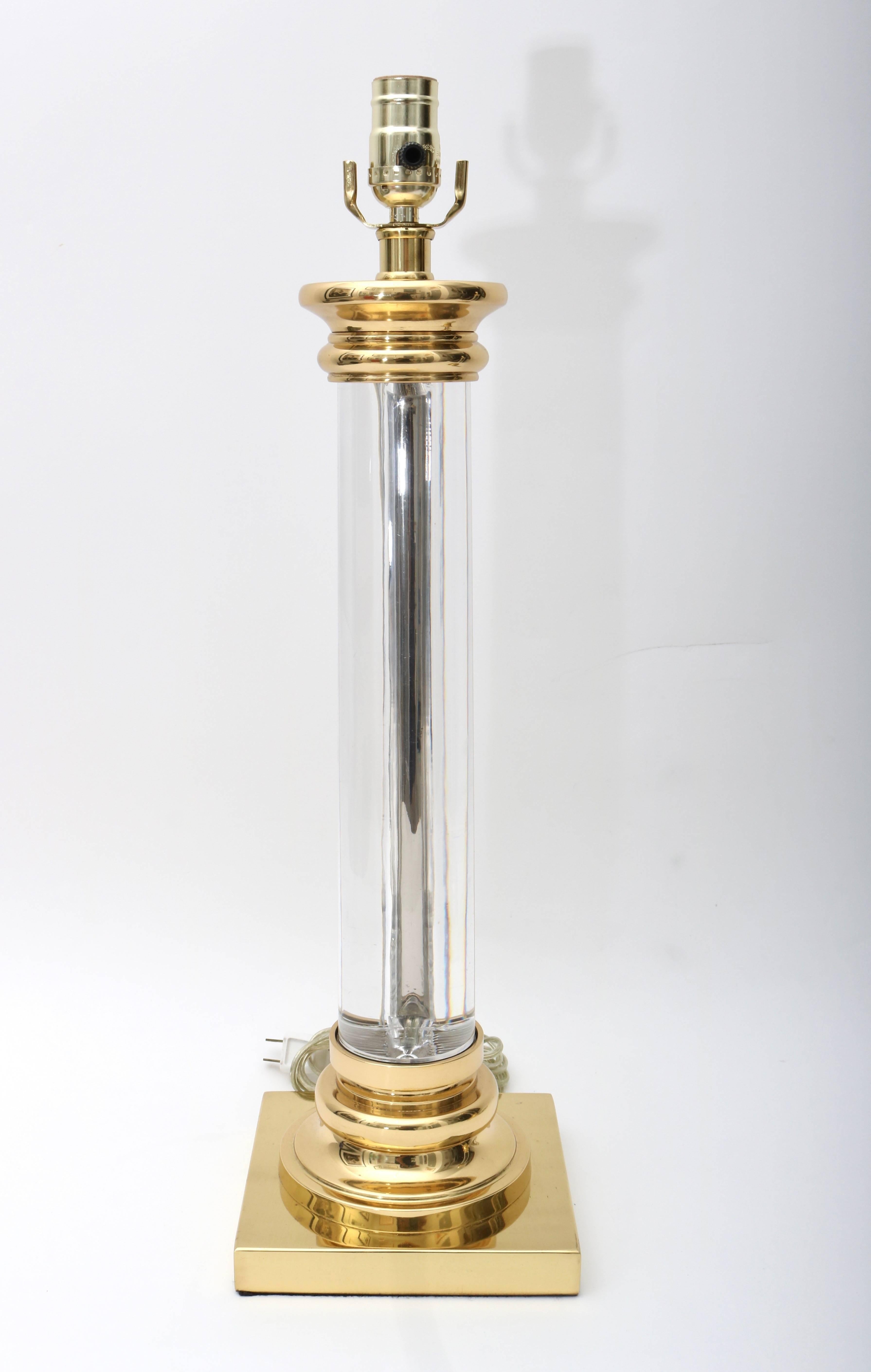 American Pair of Karl Springer Style Table Lamps in Brass and Lucite