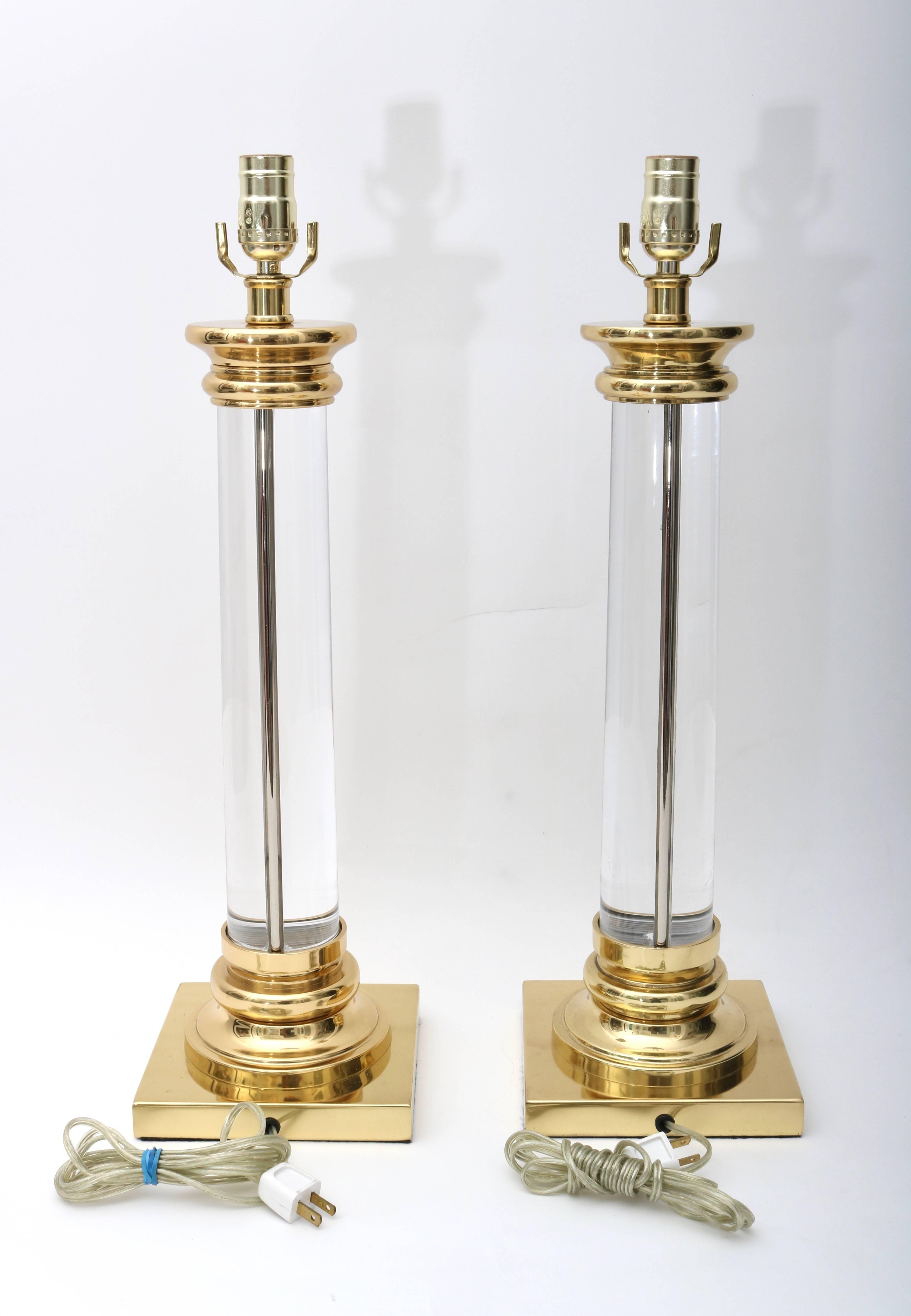 20th Century Pair of Karl Springer Style Table Lamps in Brass and Lucite