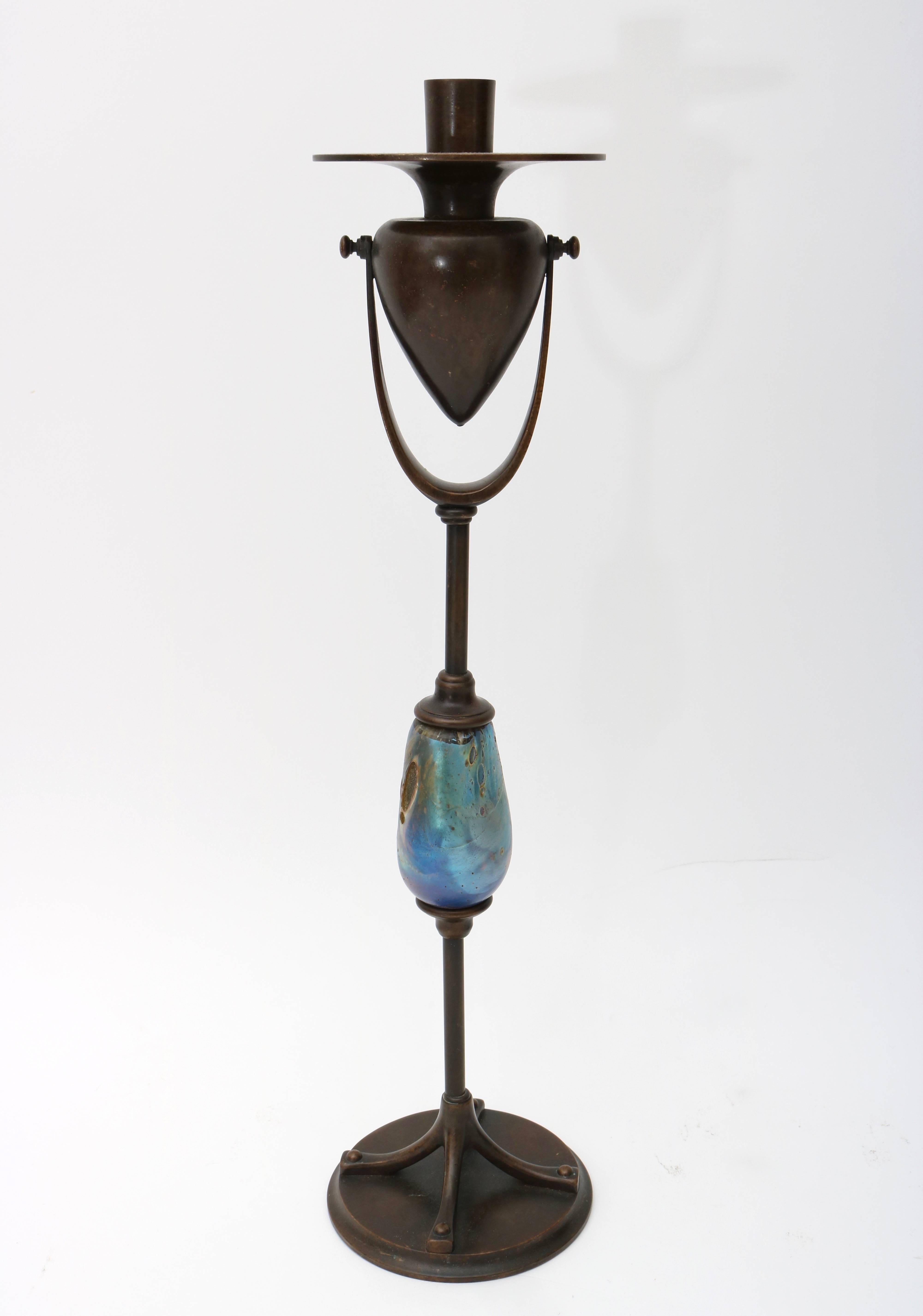 Pair of Candlesticks, Louis C. Tiffany Furnaces Inc, Bronze and Favrile Glass In Excellent Condition For Sale In West Palm Beach, FL