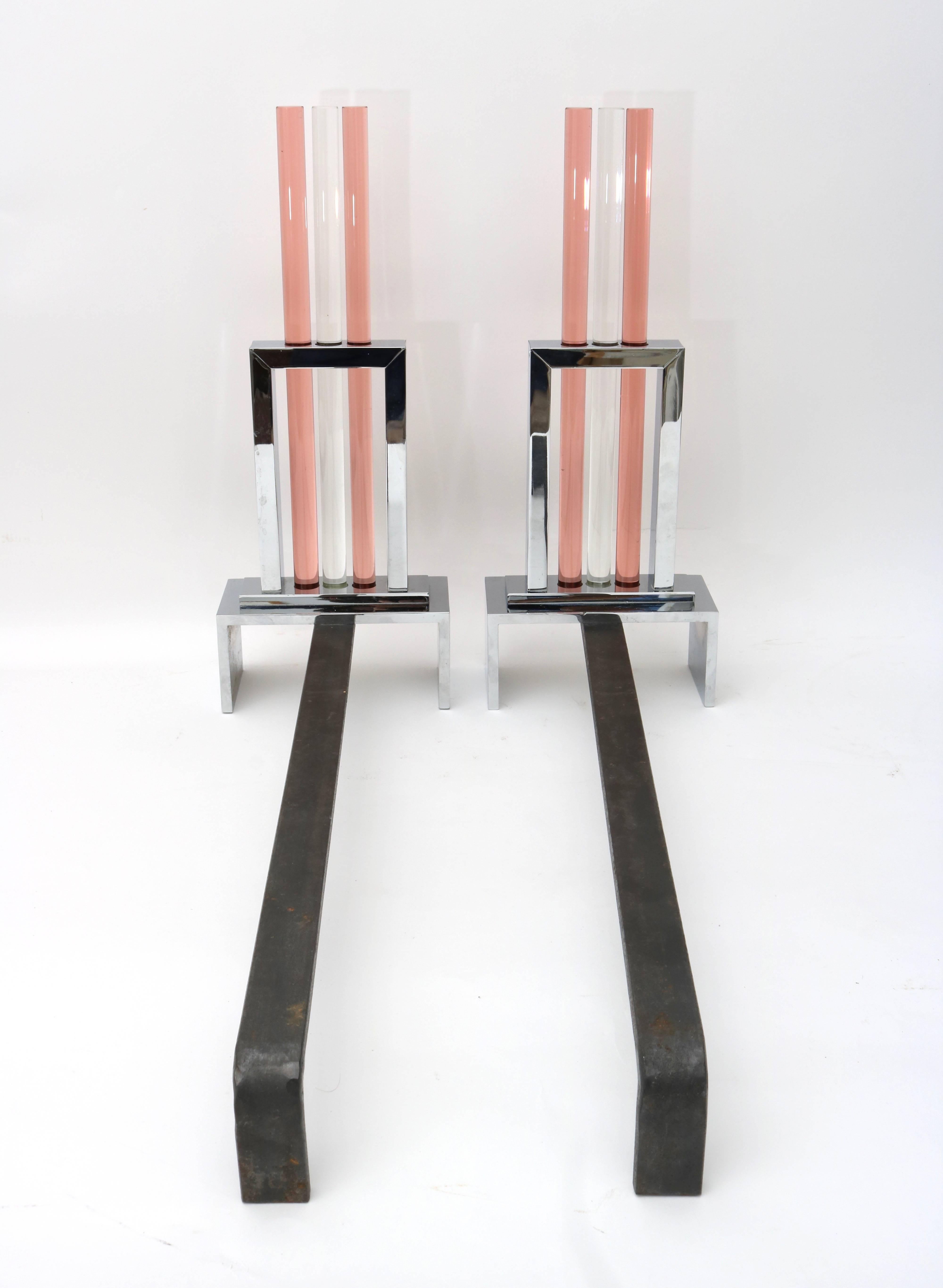 Set of French Art Deco Fireplace Andirons in Polished Chrome and Glass For Sale 3