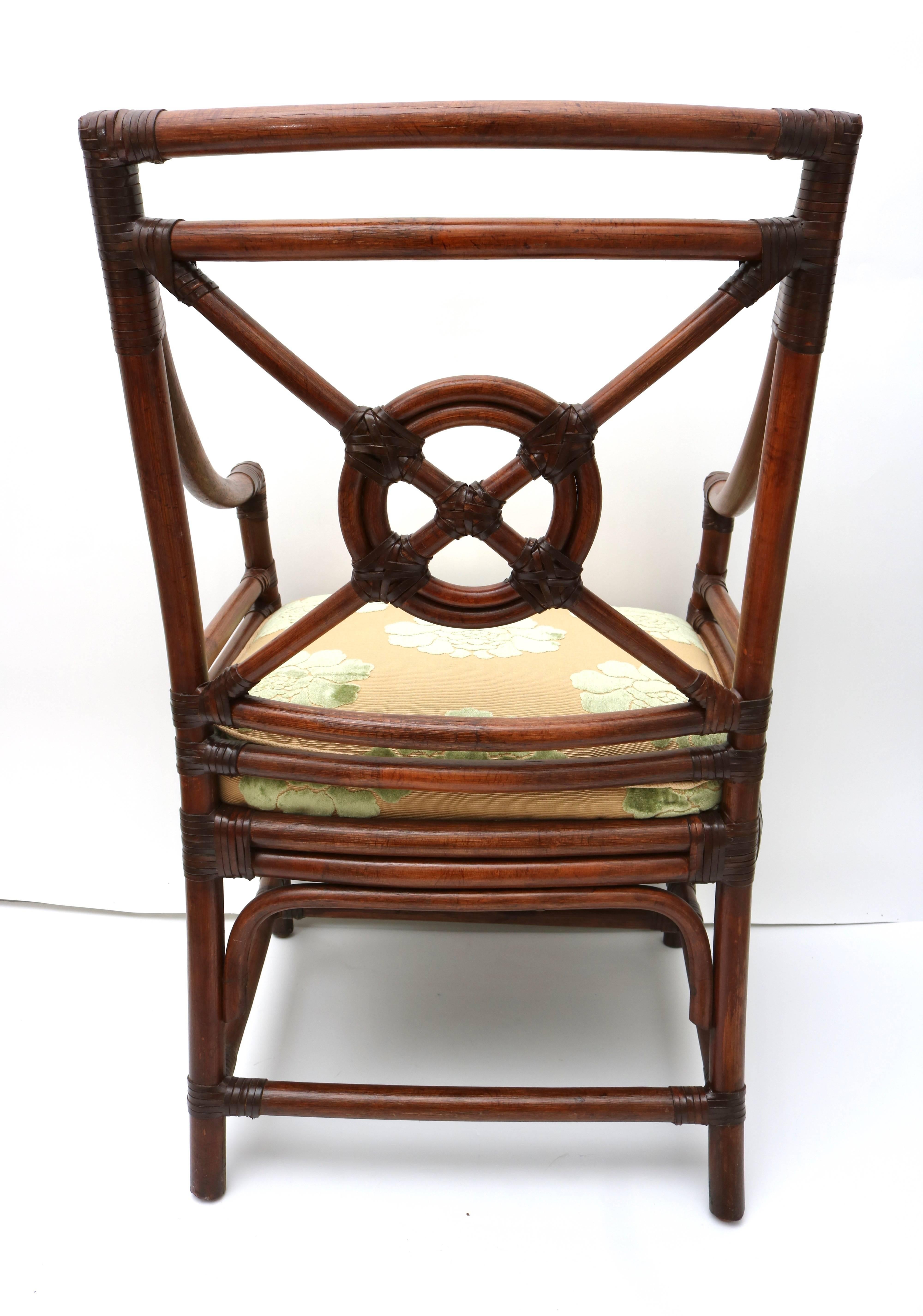 20th Century Pair of McGuire Rattan Armchairs with Gold and Green Upholstery