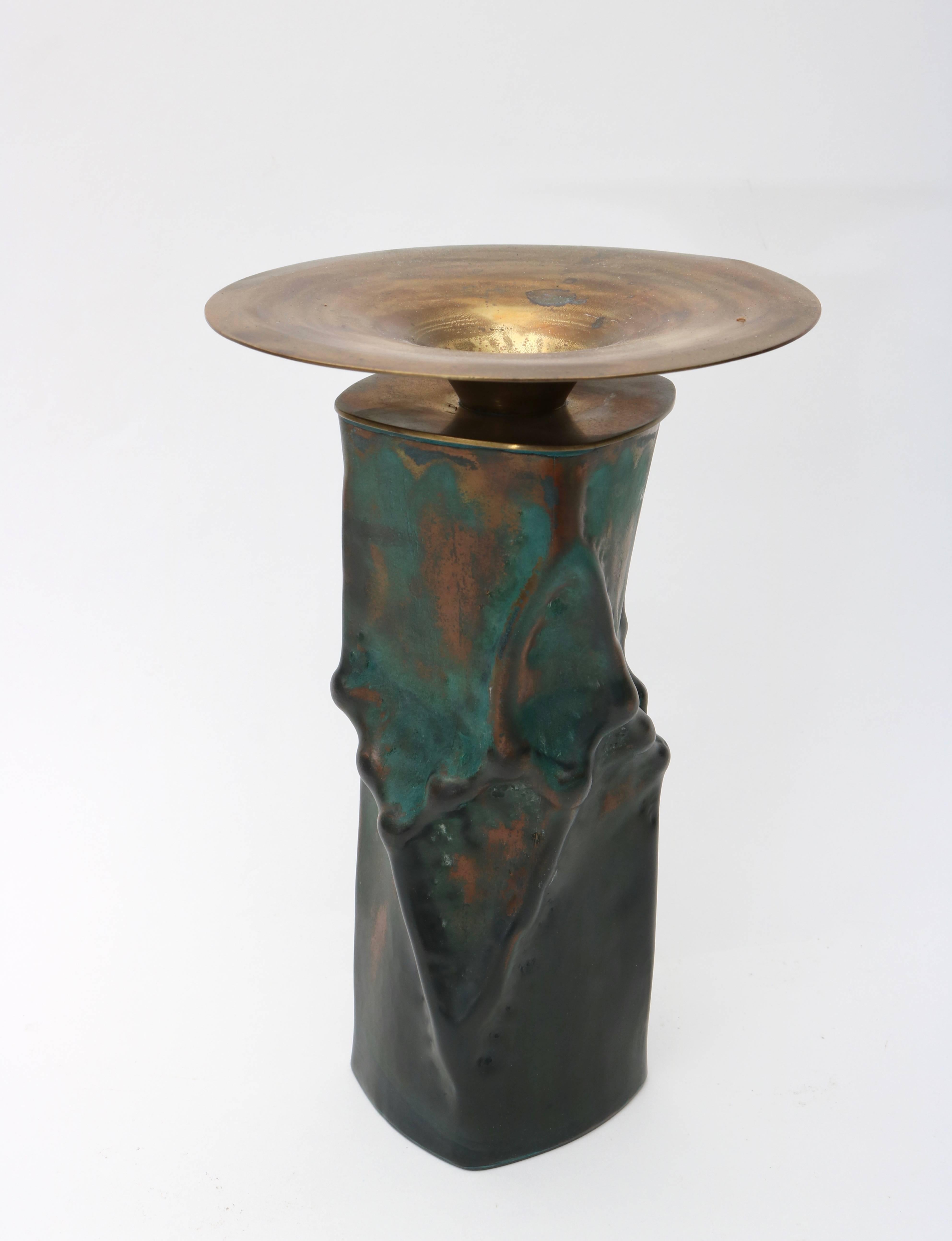 Hand-Crafted Set of Three Brutalist Candleholders in Oxodized Copper and Brass