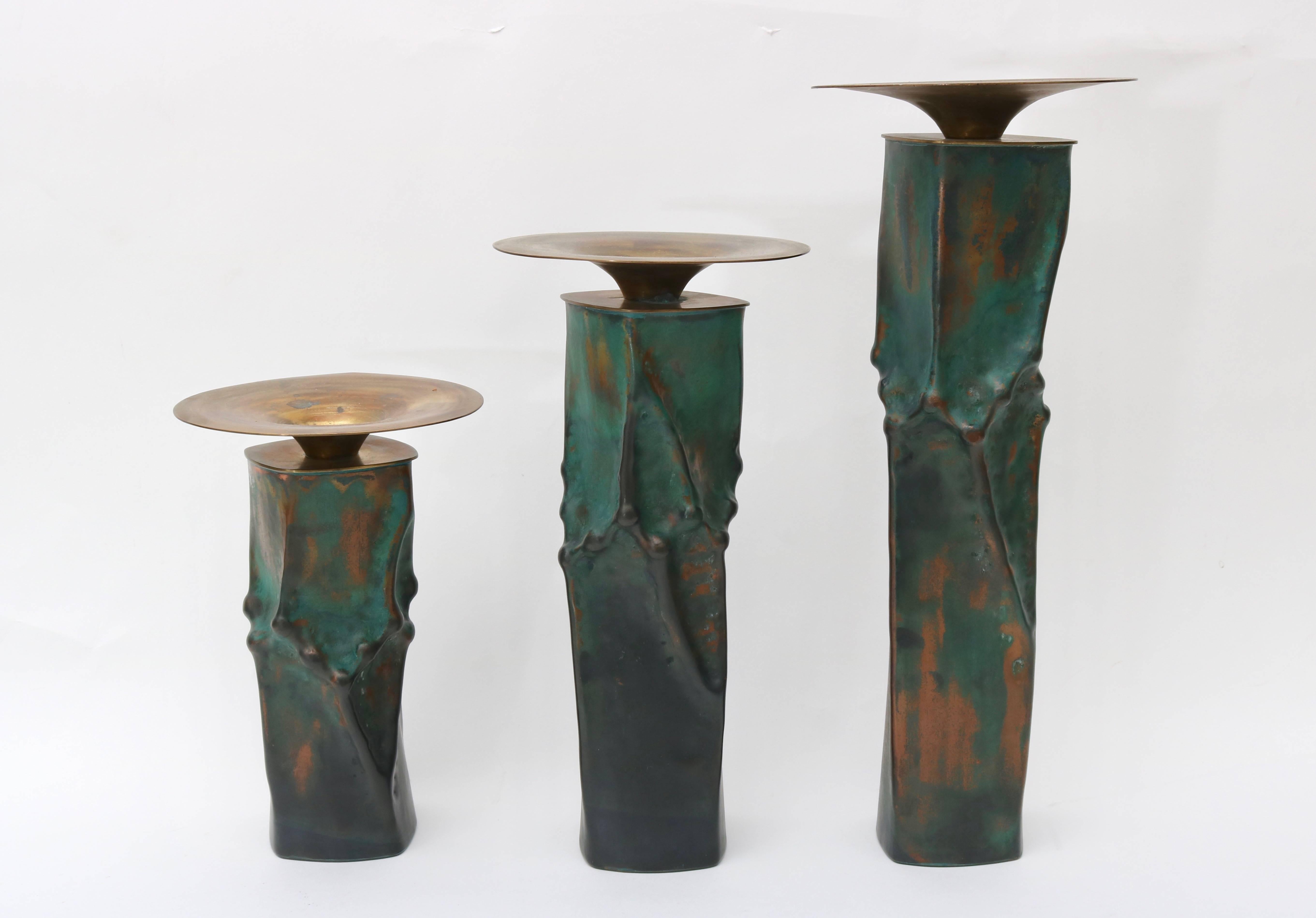 American Set of Three Brutalist Candleholders in Oxodized Copper and Brass