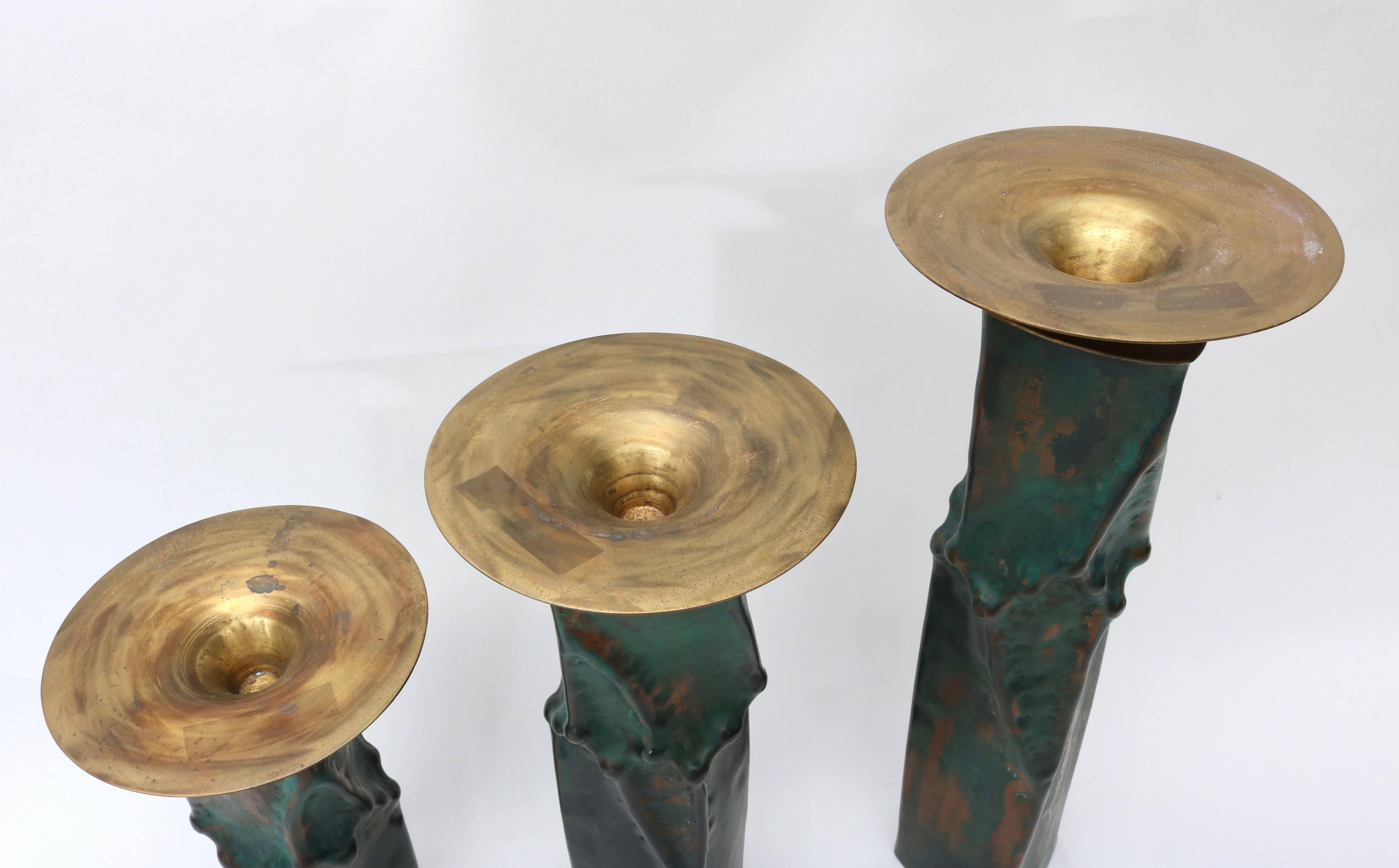 Set of Three Brutalist Candleholders in Oxodized Copper and Brass 1