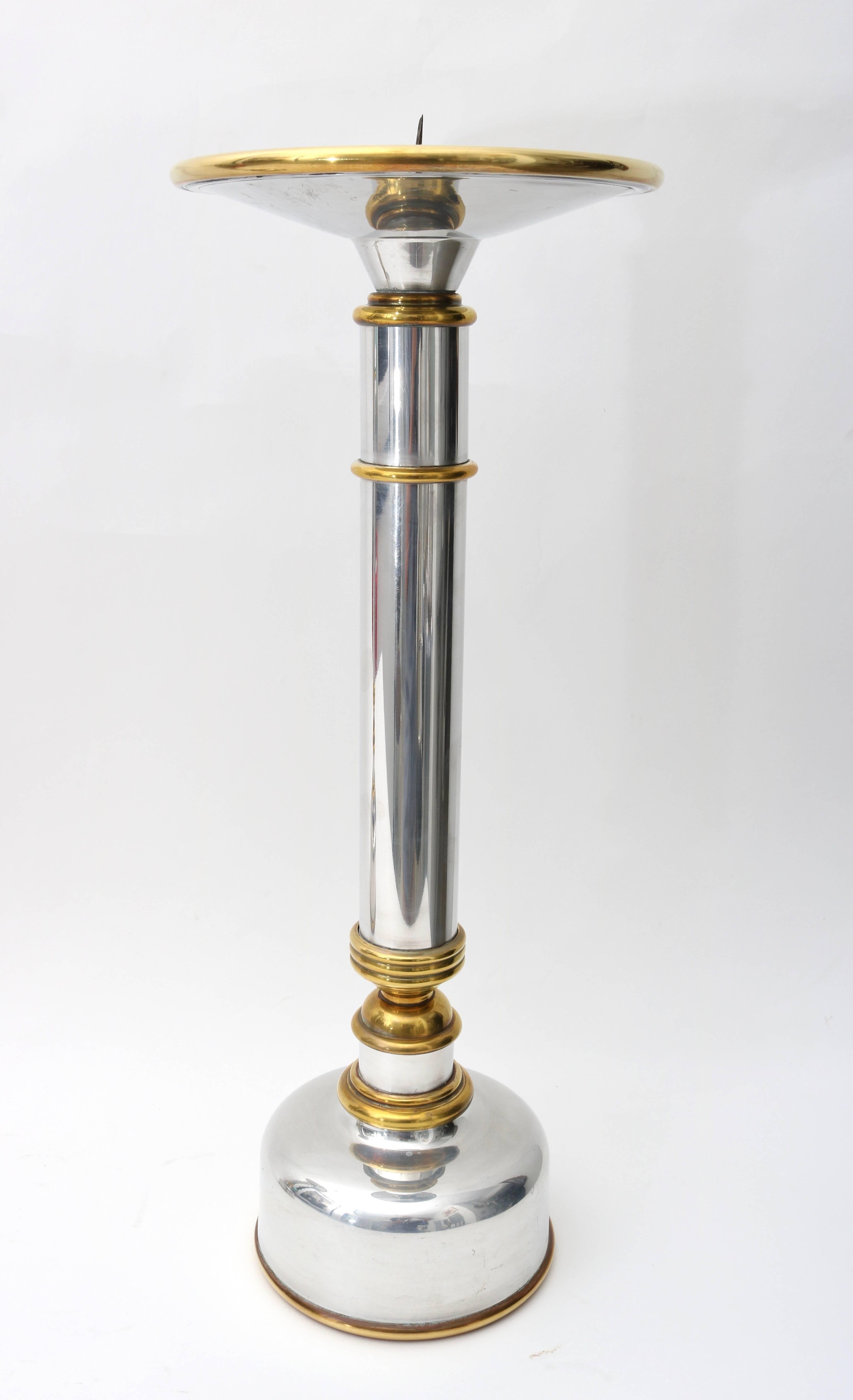 Hollywood Regency Pair of Polished Aluminium and Brass Candlesticks