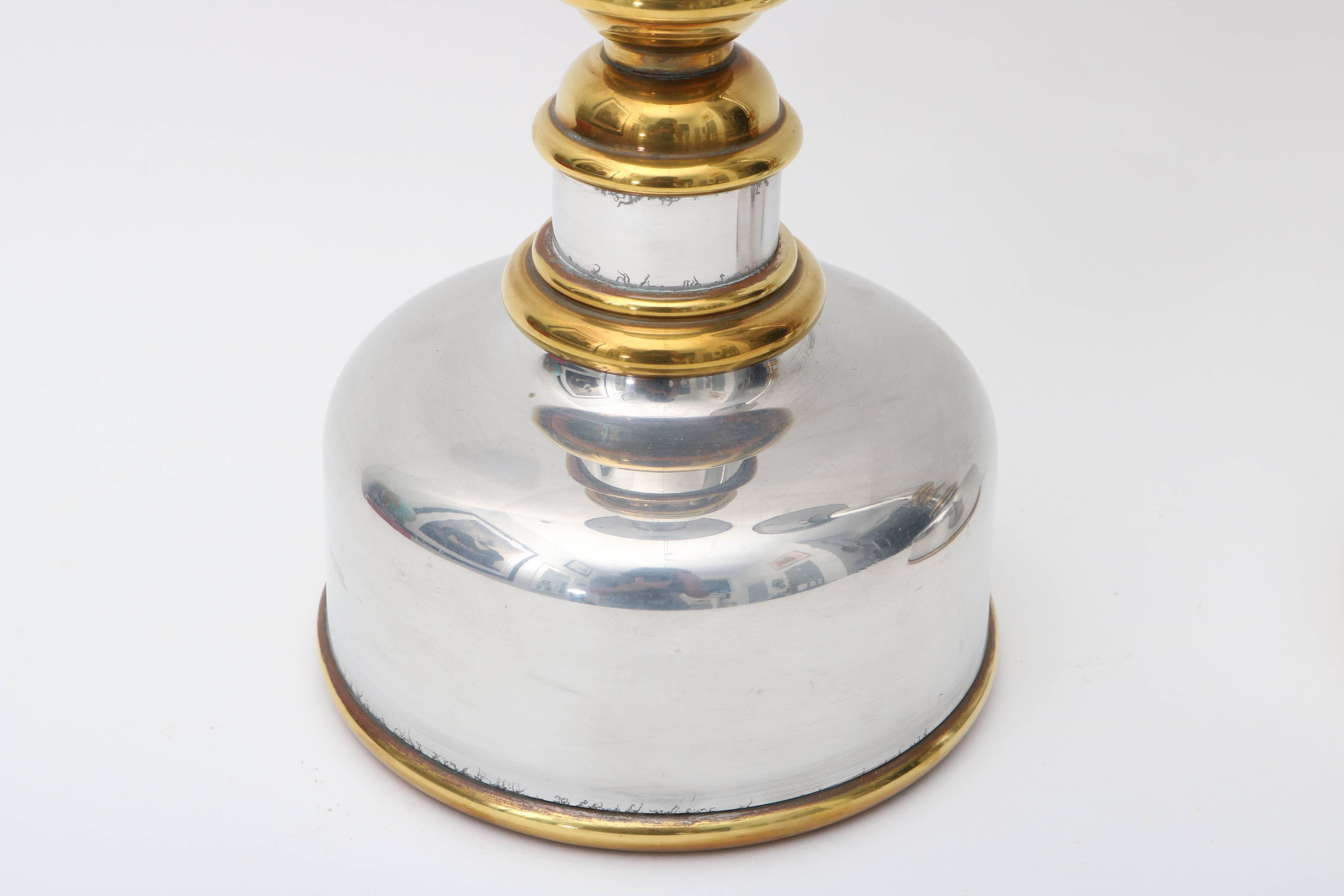 Aluminum Pair of Polished Aluminium and Brass Candlesticks