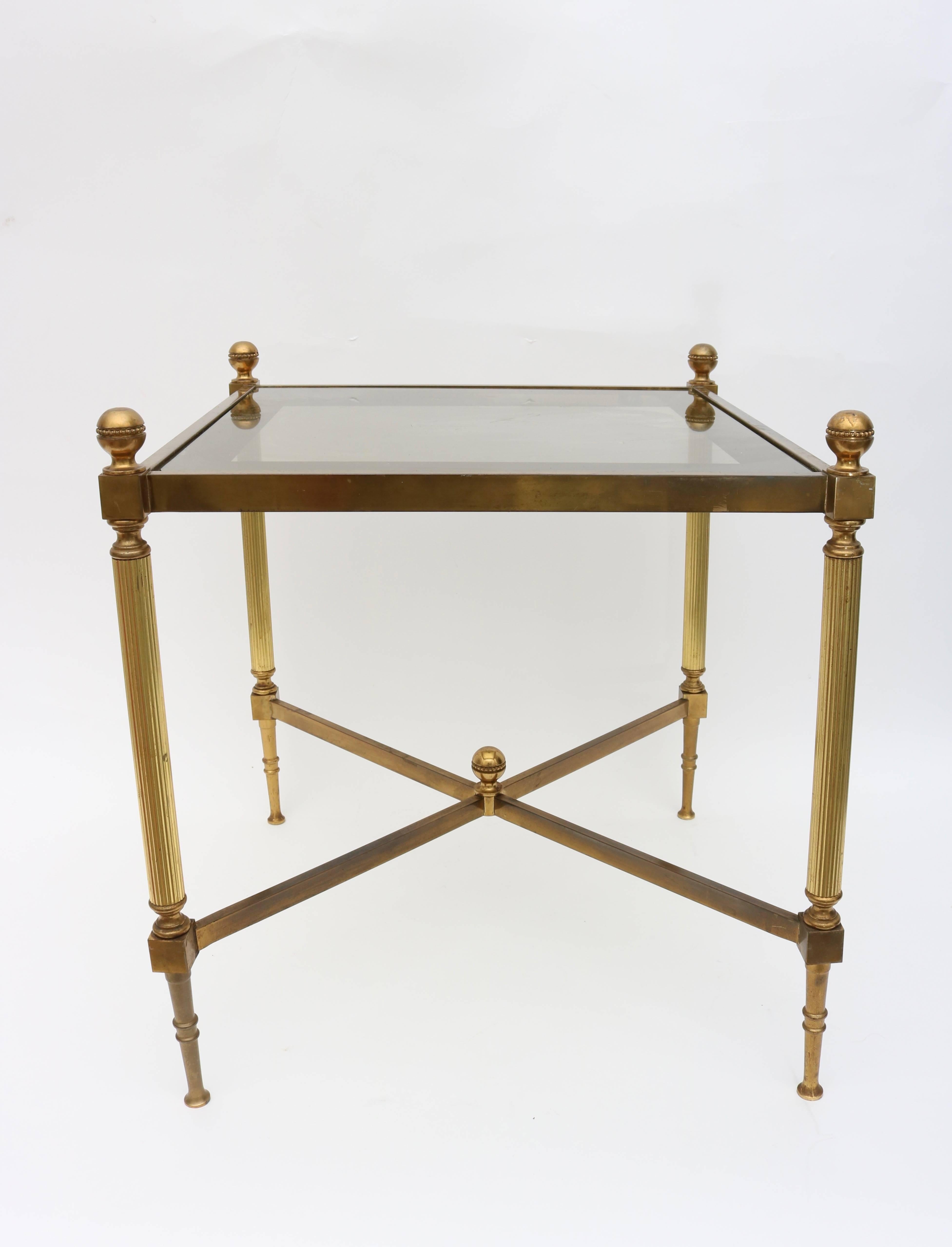 Hollywood Regency Pair of Maison Jansen Style Square Form Side Tables in Brass and Glass