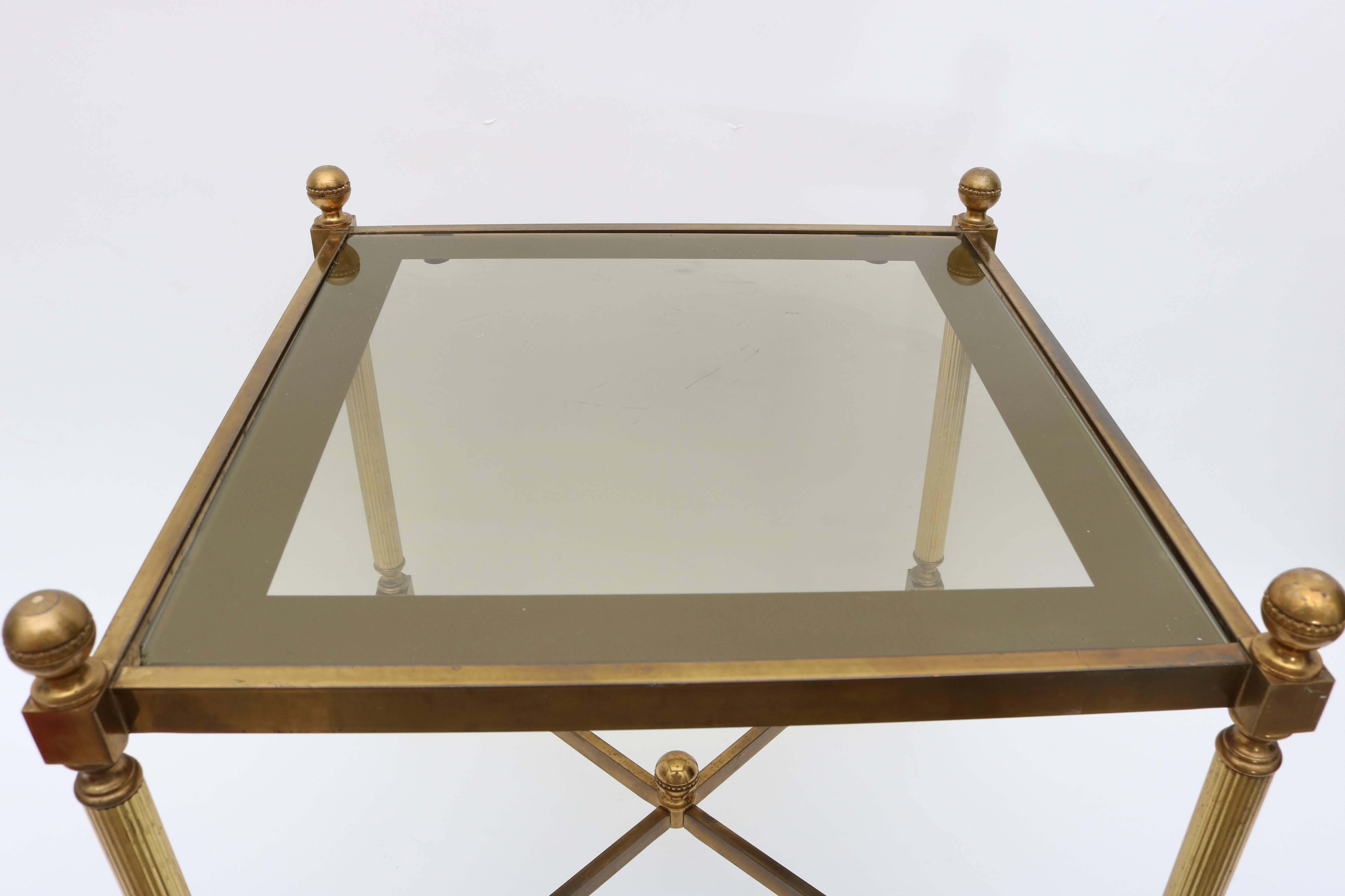 French Pair of Maison Jansen Style Square Form Side Tables in Brass and Glass