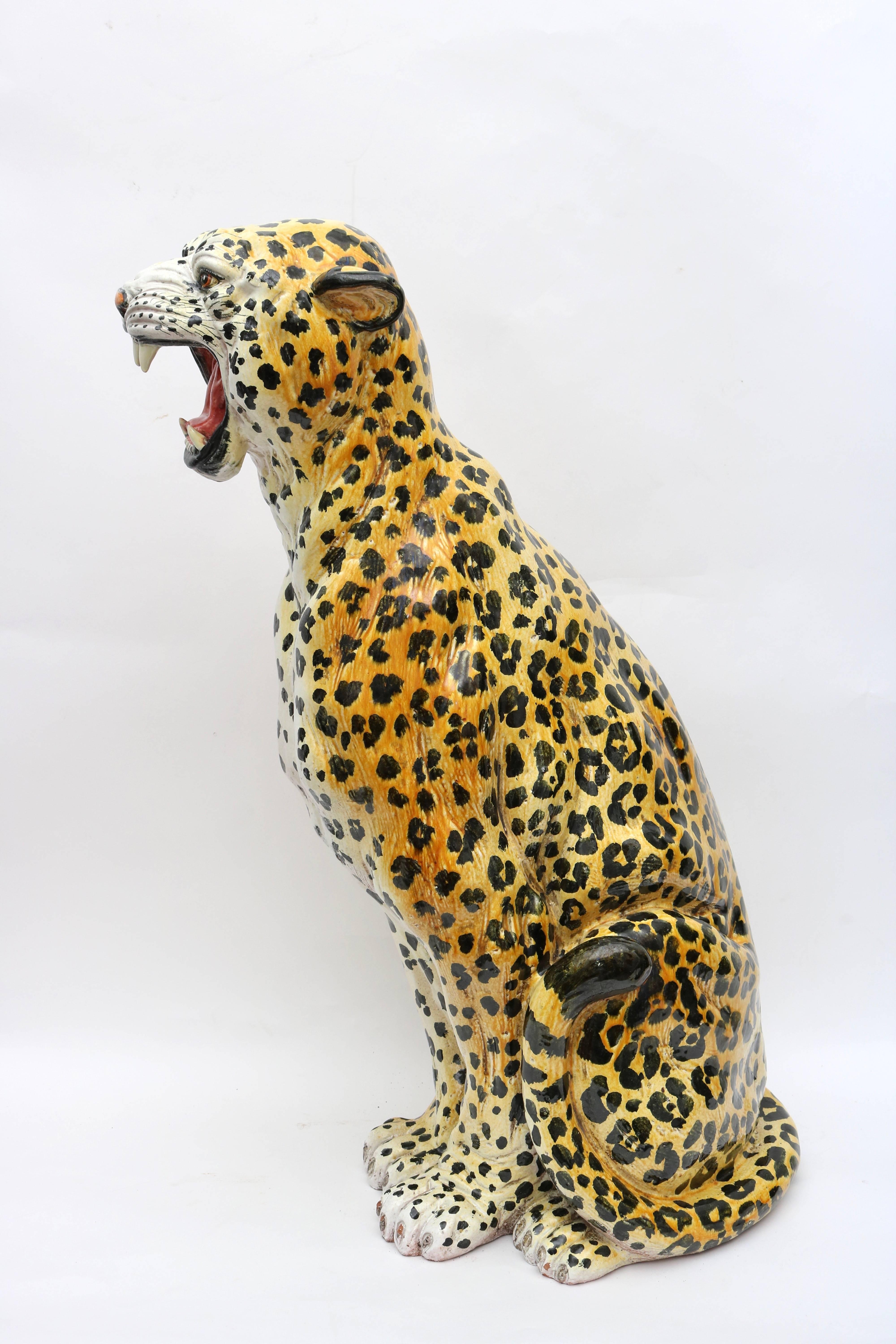 Hollywood Regency Italian Glazed Terracotta Life-Size Leopard Figure