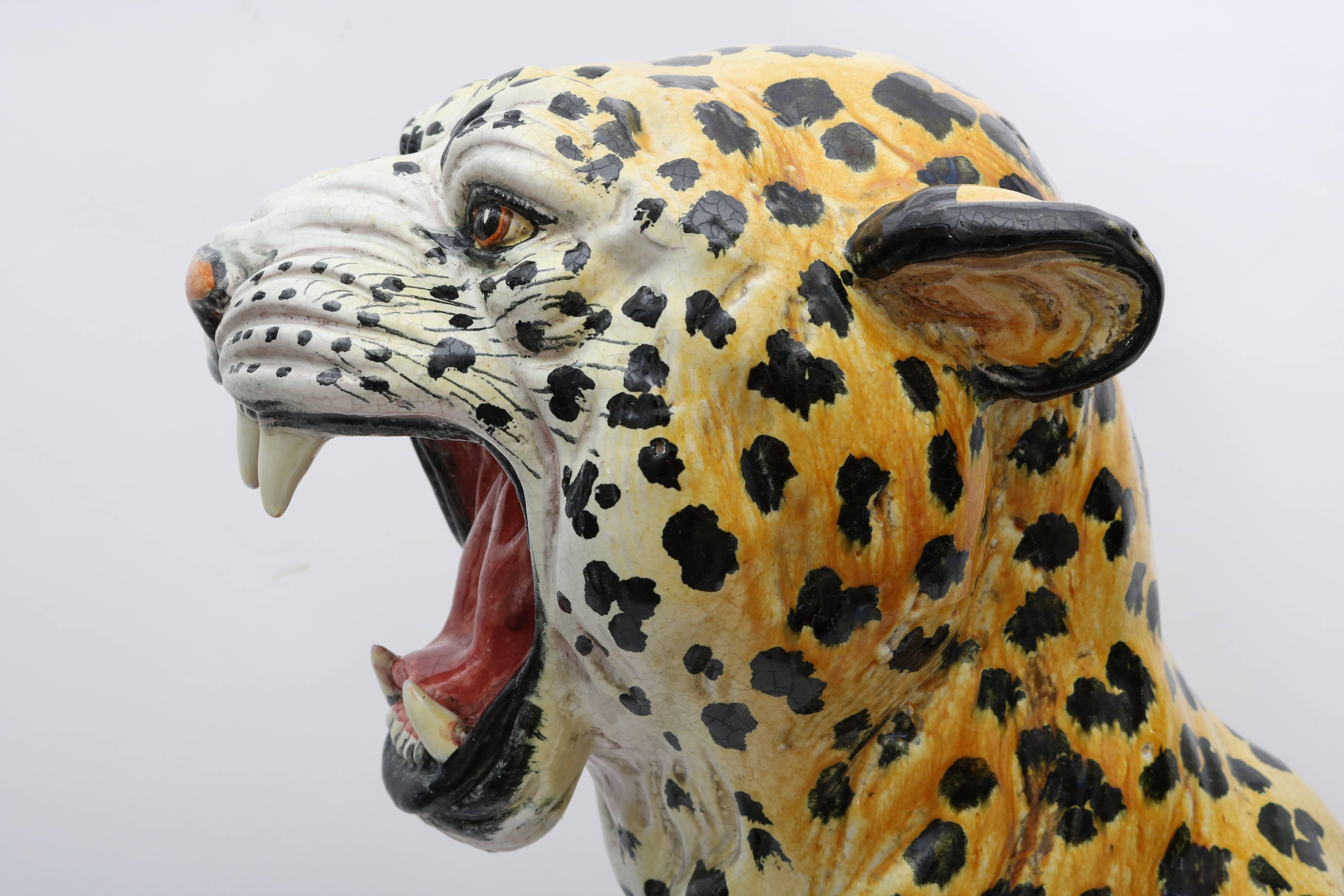 Italian Glazed Terracotta Life-Size Leopard Figure In Good Condition In West Palm Beach, FL