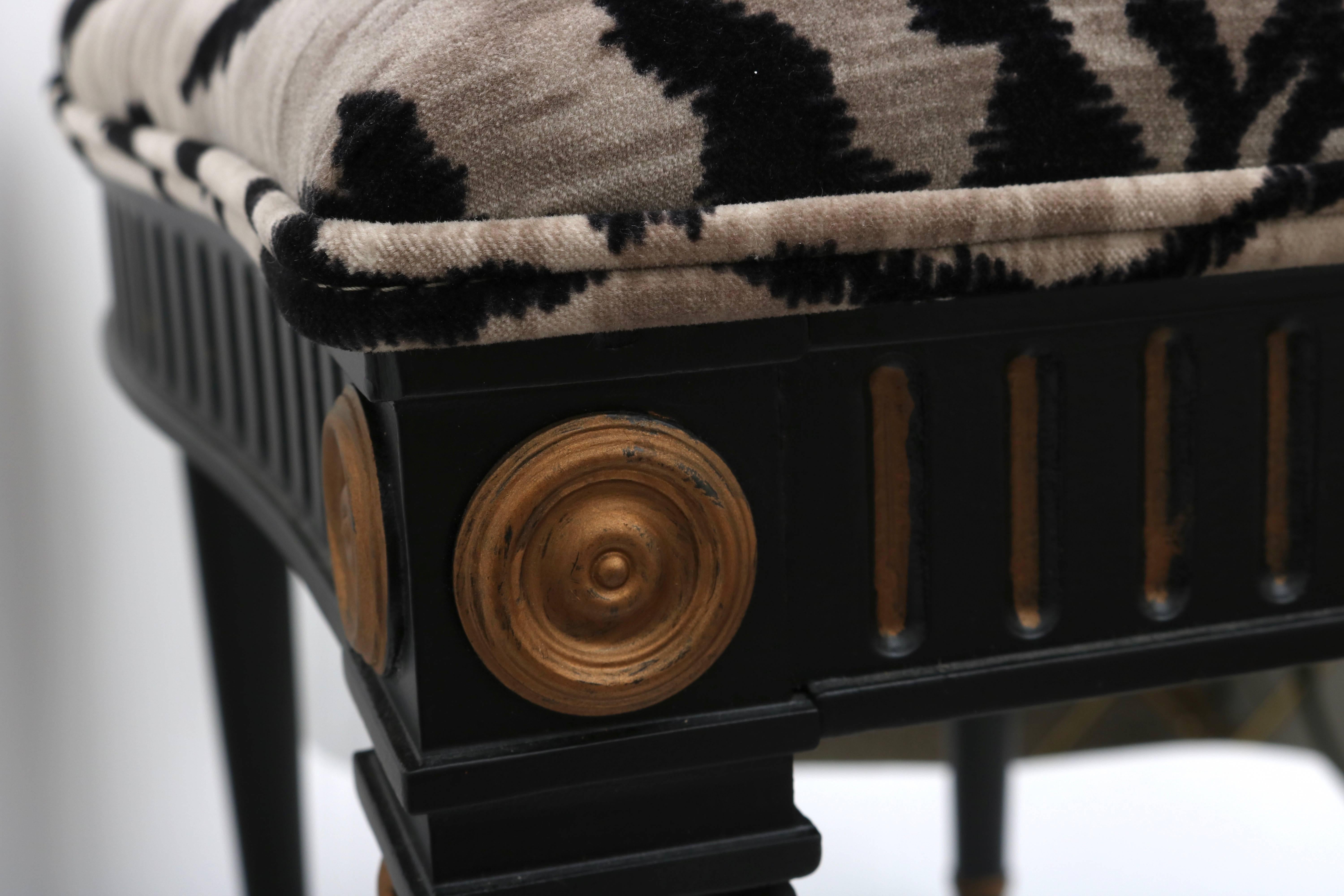 French Louis XVI Style Bench in Black and Gold with Tiger Motif Fabric