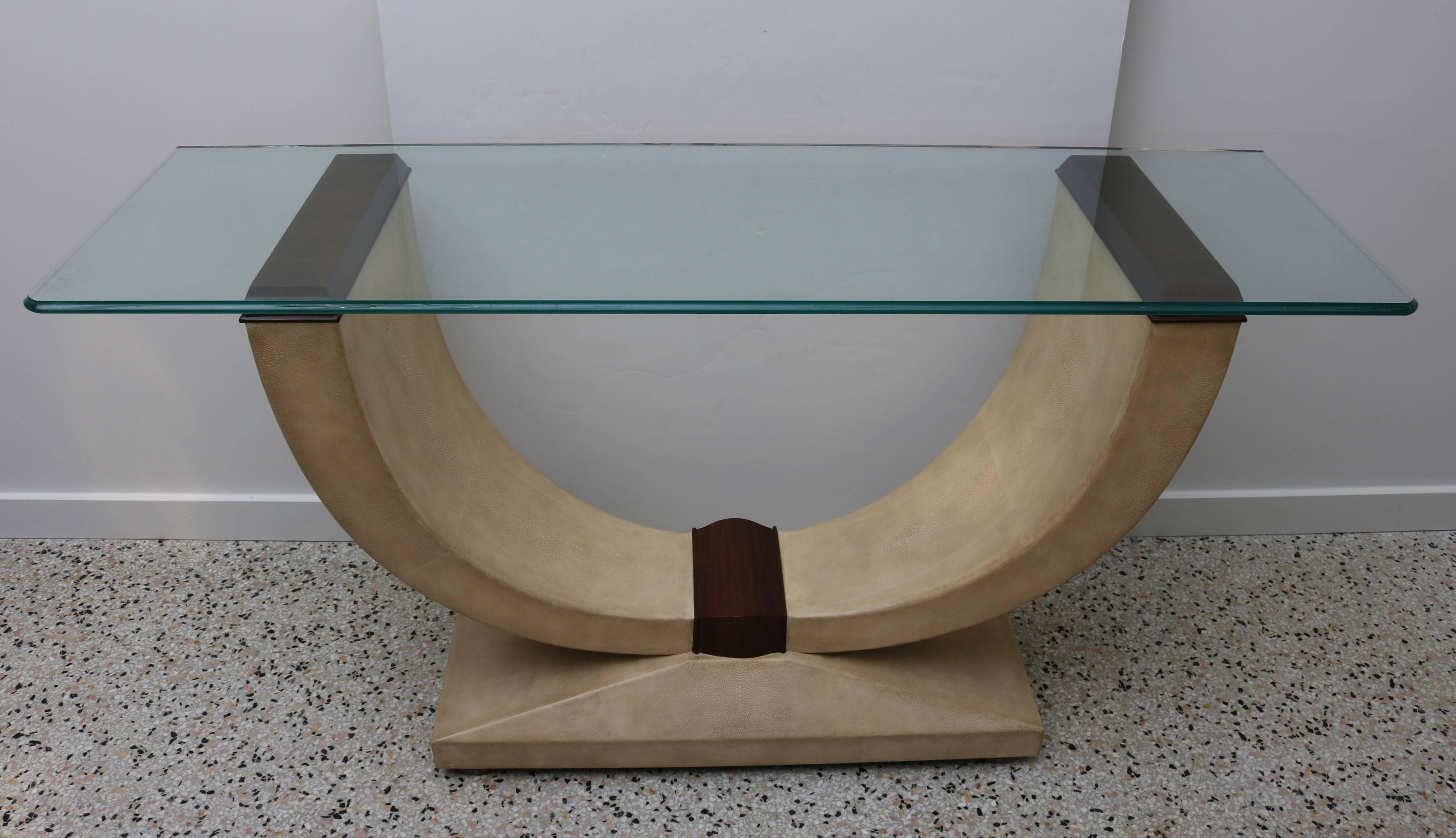 20th Century Art Deco Style Console Table in Shagreen, Zebra Wood and Glass Top