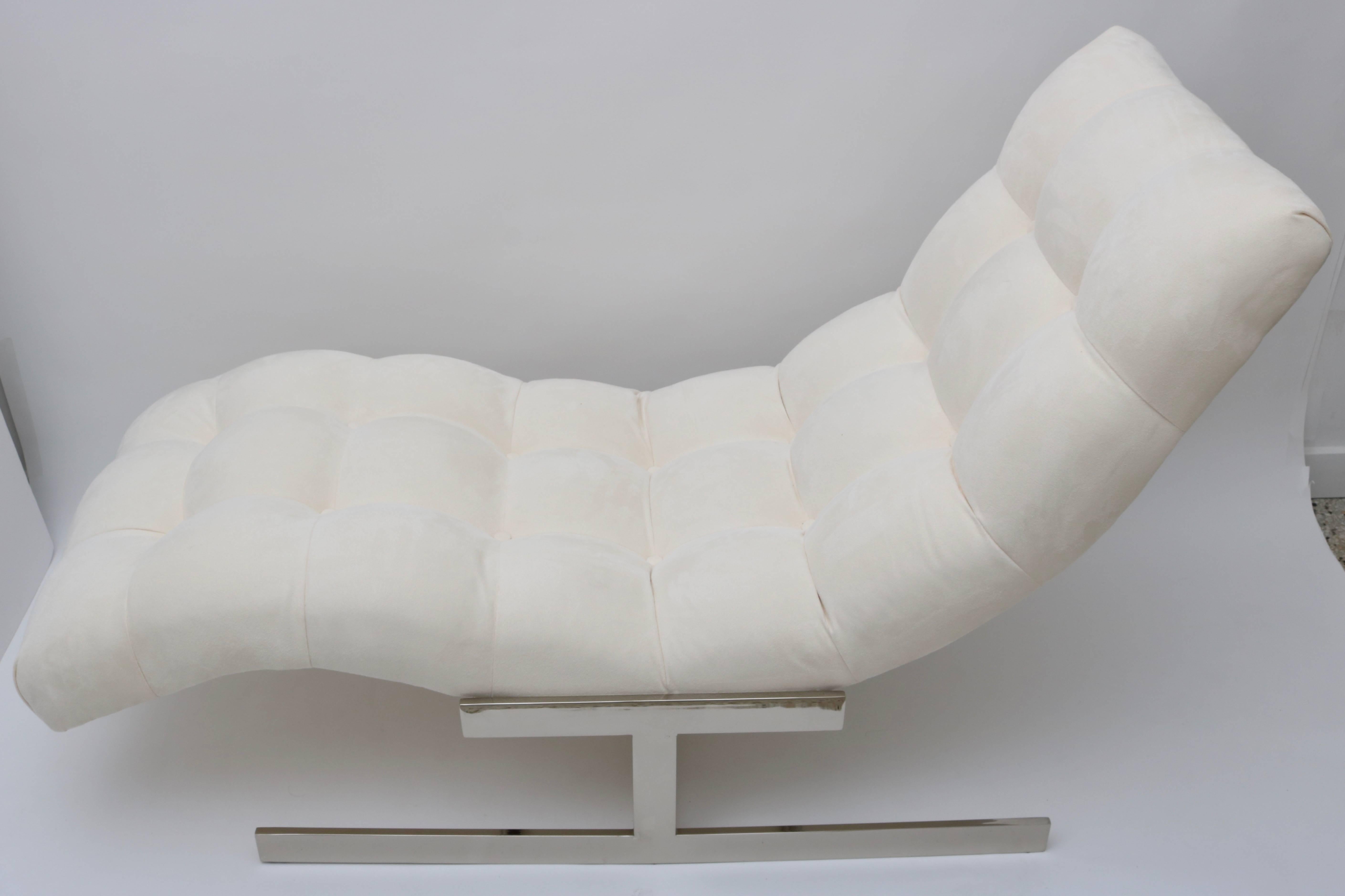 American Milo Baughman Style Chaise Lounge, Polished Chrome and White Ultra-Suede