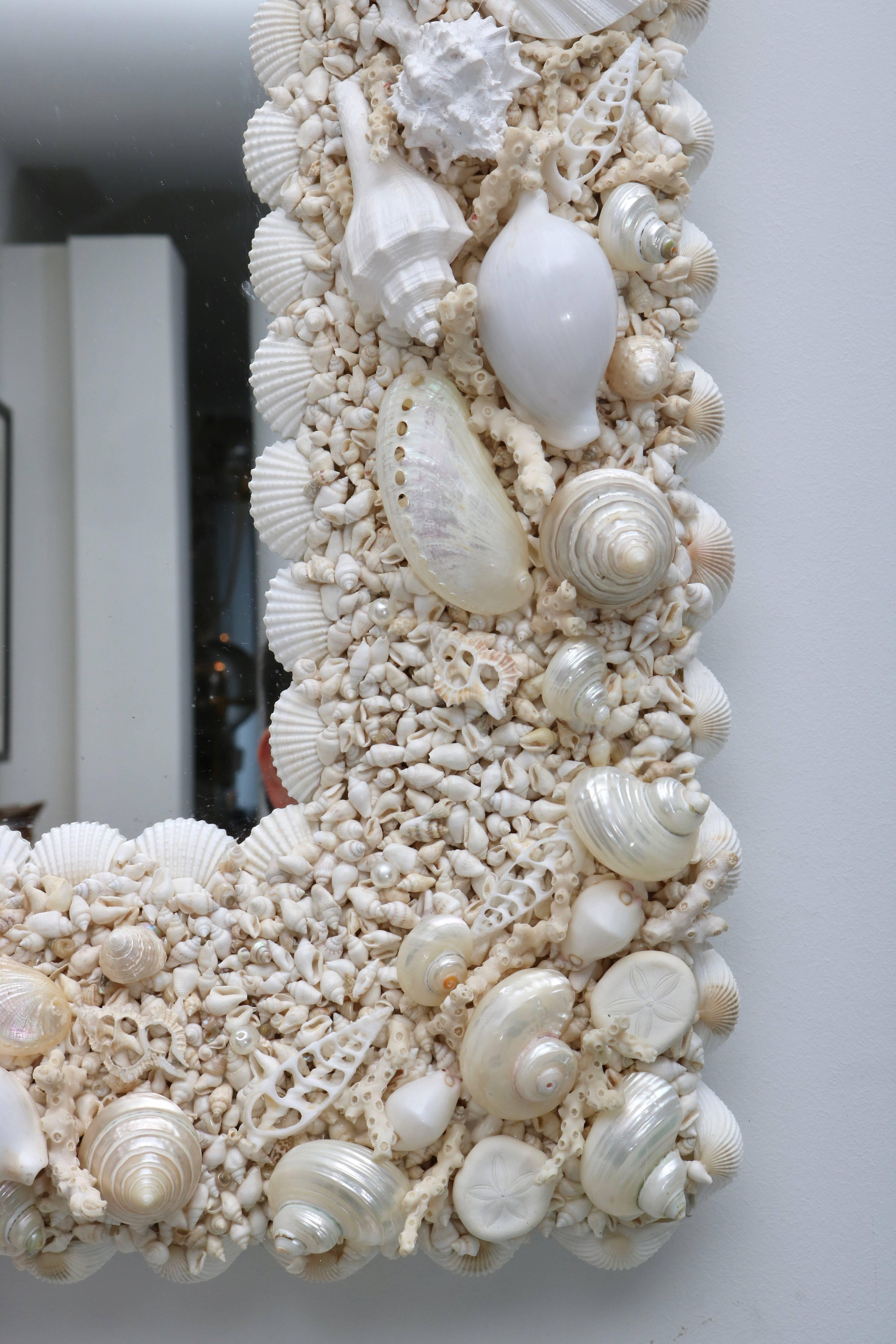 Hollywood Regency Tony Duquette Style Sea Shell Encrusted Mirror in White and Pearlized Coloration