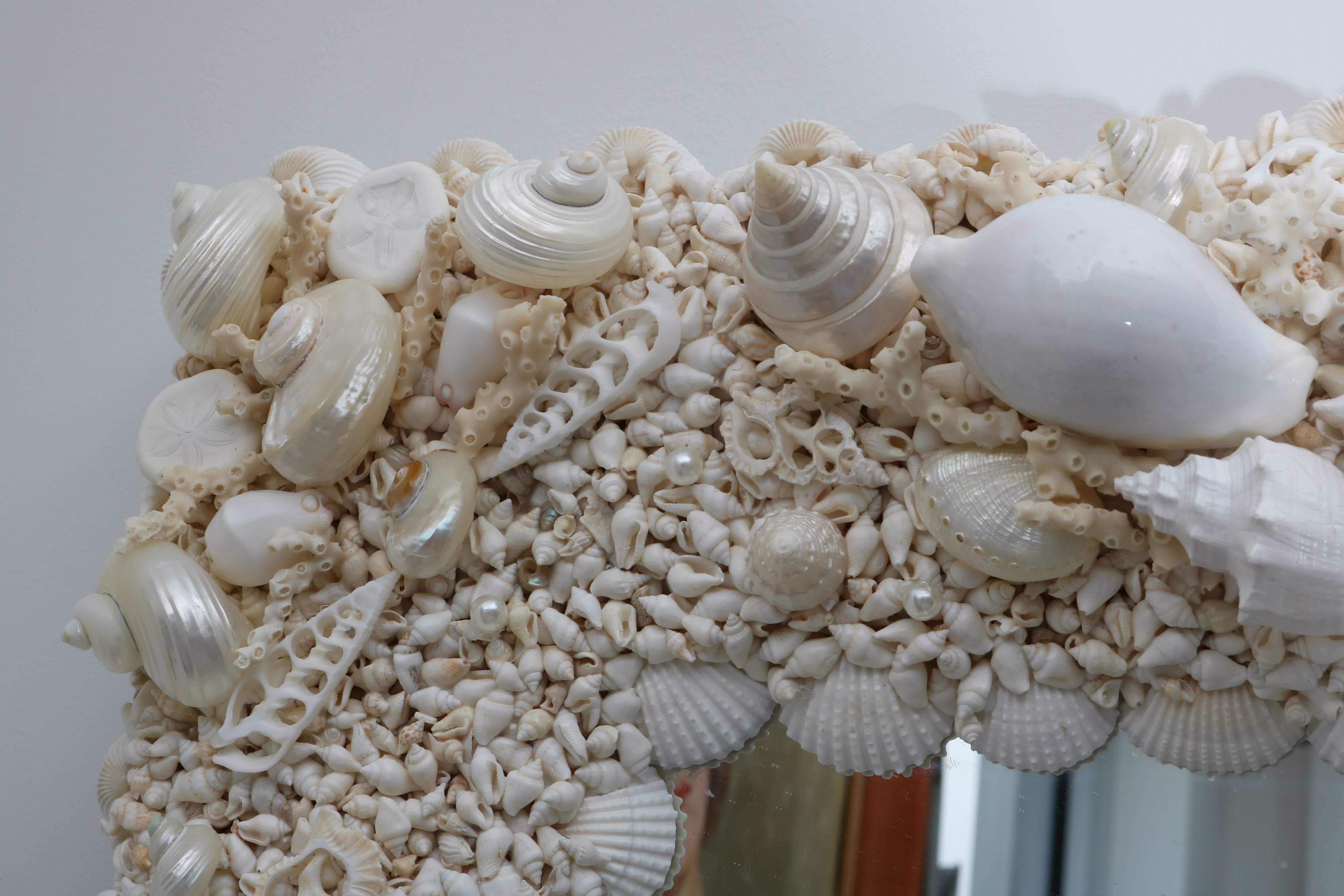 American Tony Duquette Style Sea Shell Encrusted Mirror in White and Pearlized Coloration