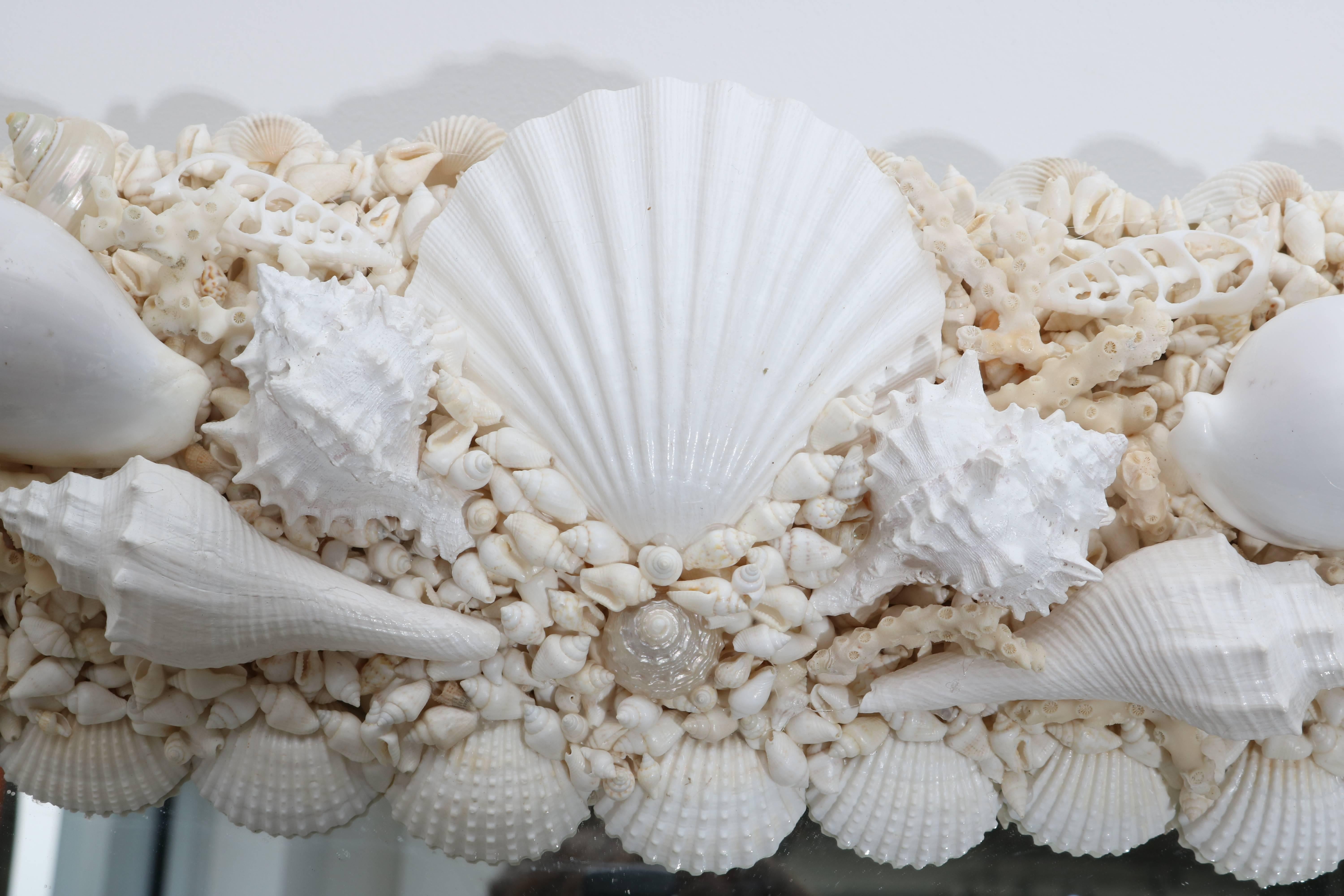 Tony Duquette Style Sea Shell Encrusted Mirror in White and Pearlized Coloration 1