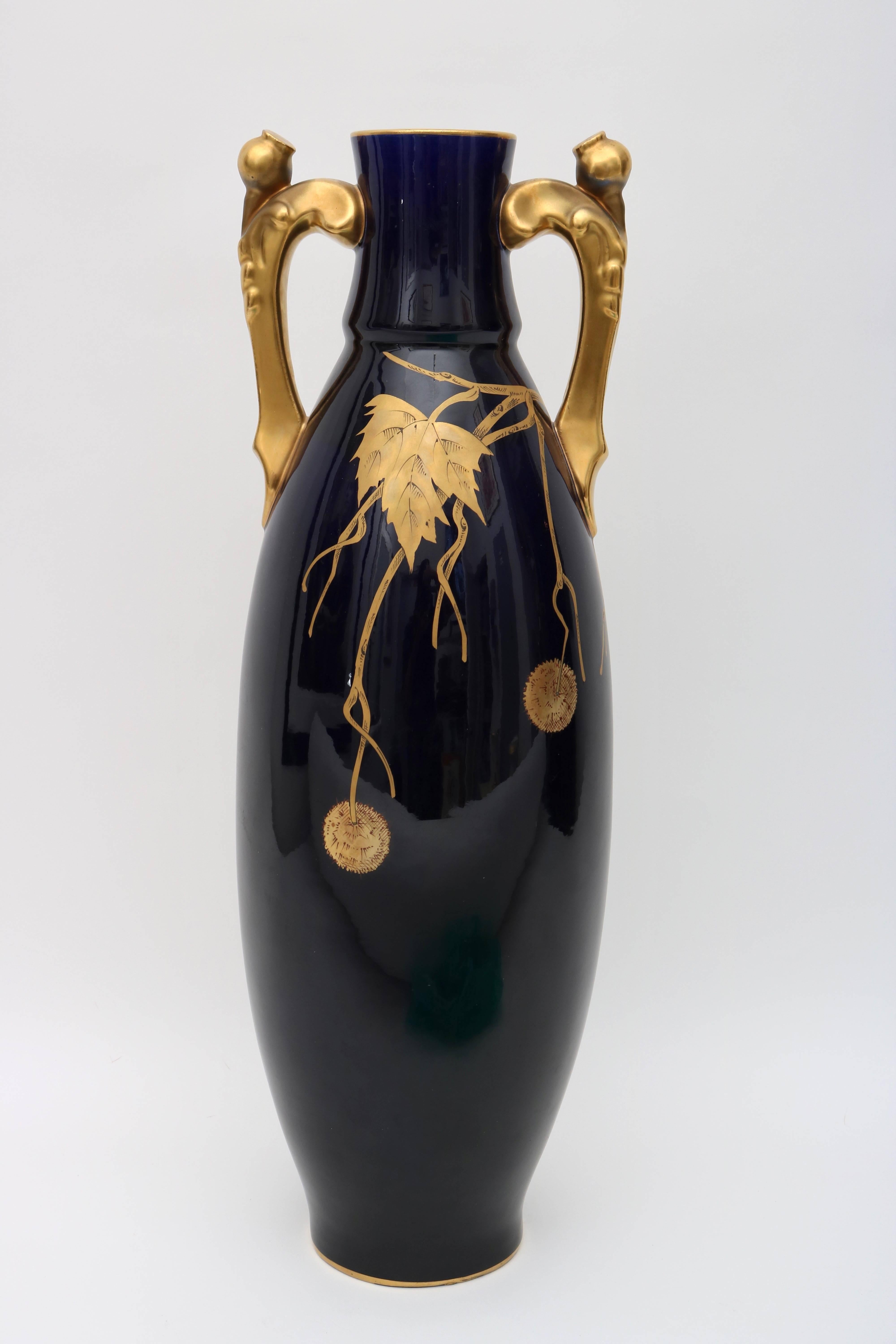 Glazed Porcelain Vase by Gustave Asch in Cobalt Blue and Gold, circa 1900 For Sale