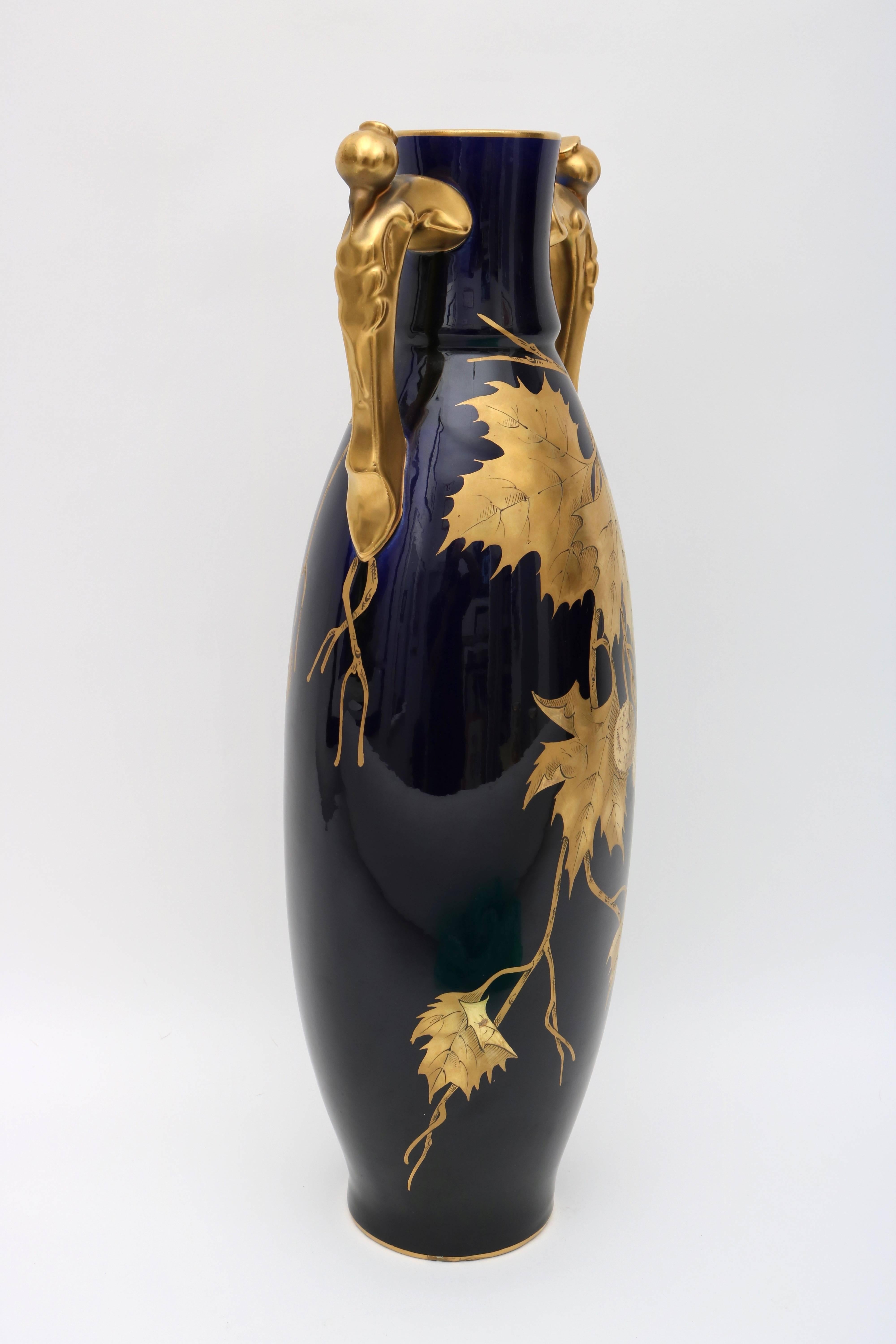 Art Nouveau Porcelain Vase by Gustave Asch in Cobalt Blue and Gold, circa 1900 For Sale