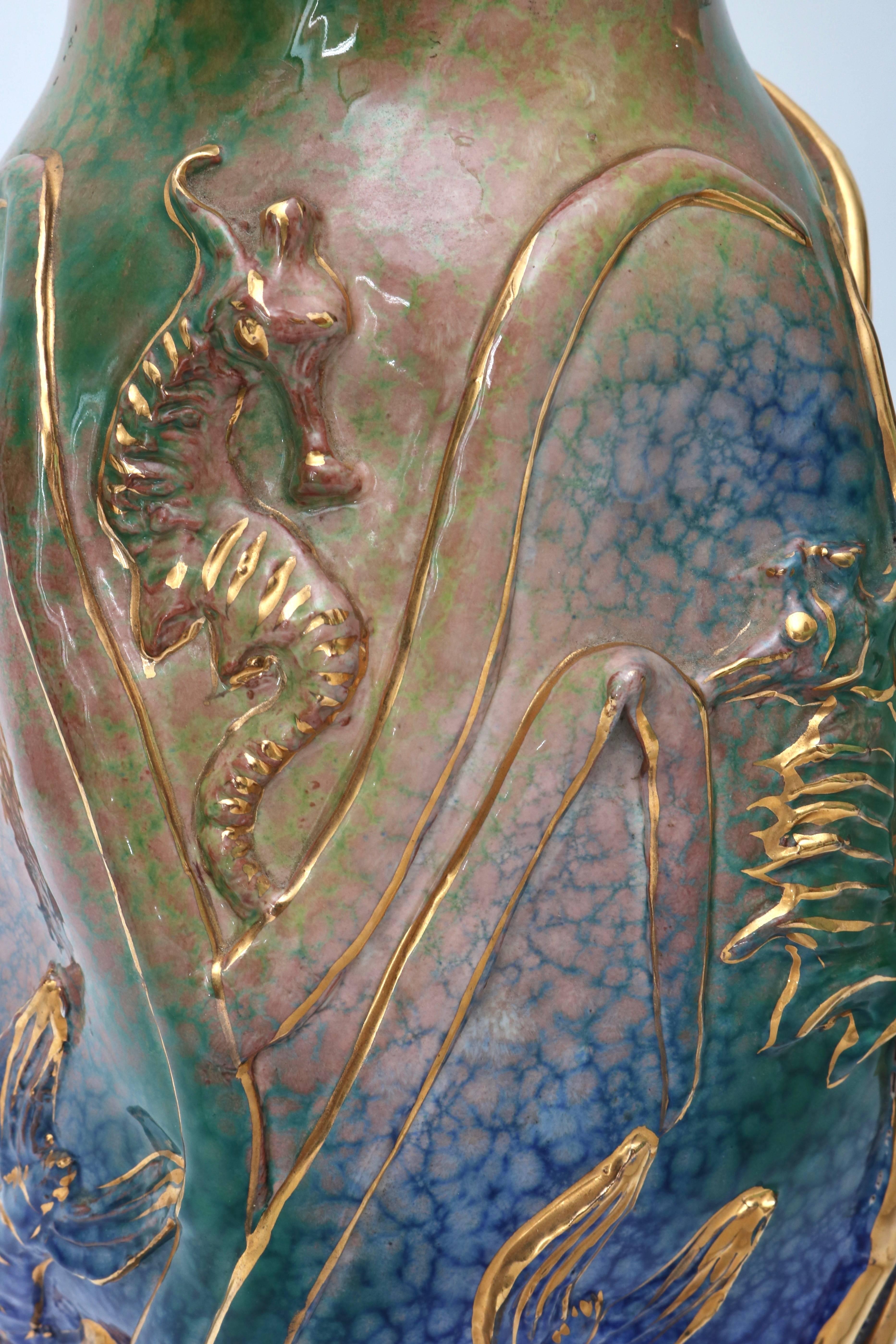 Italian Set of Two Gio Ponti Style Glazed Terra Cotta Vases with Sea Life Motif