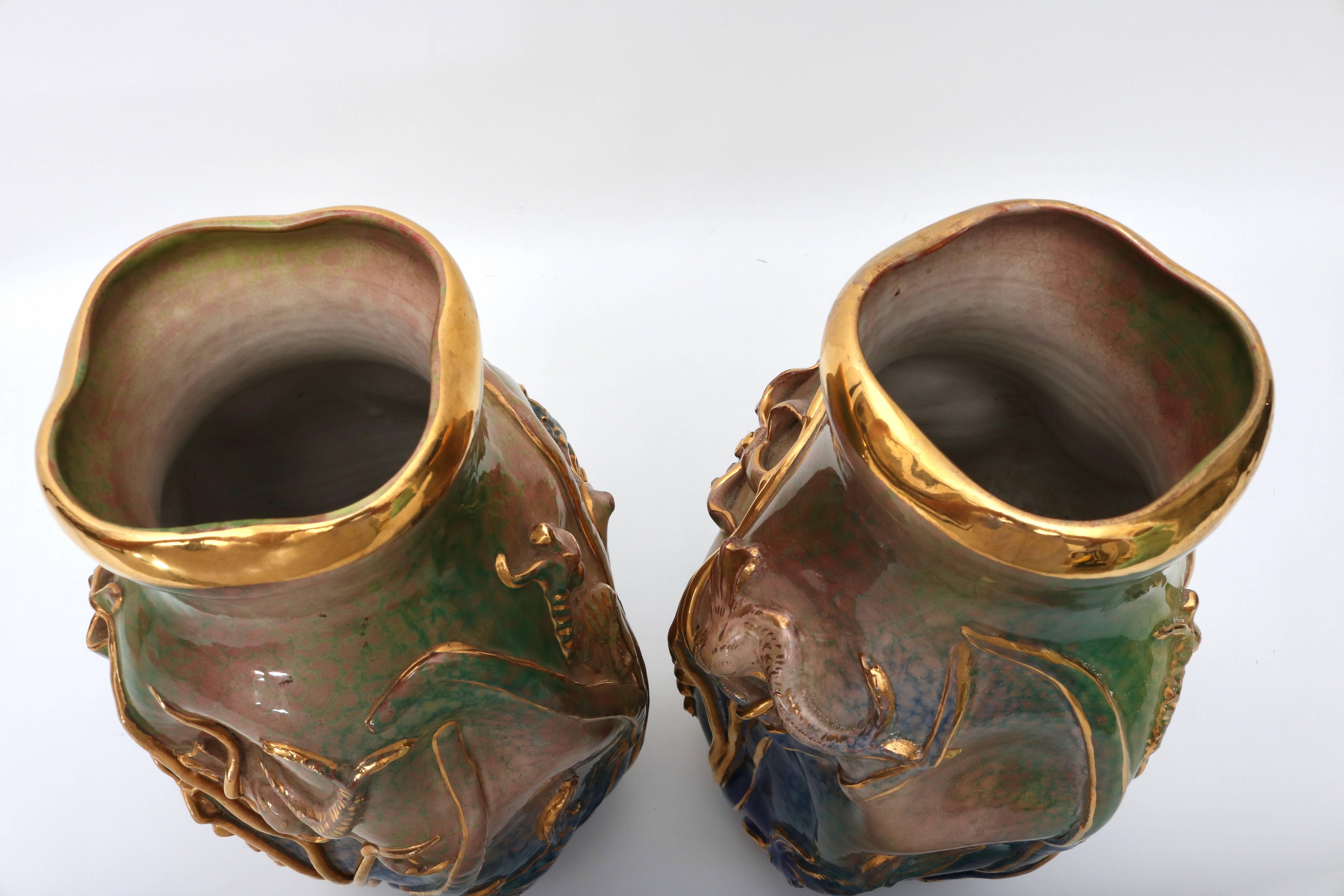 Mid-Century Modern Set of Two Gio Ponti Style Glazed Terra Cotta Vases with Sea Life Motif