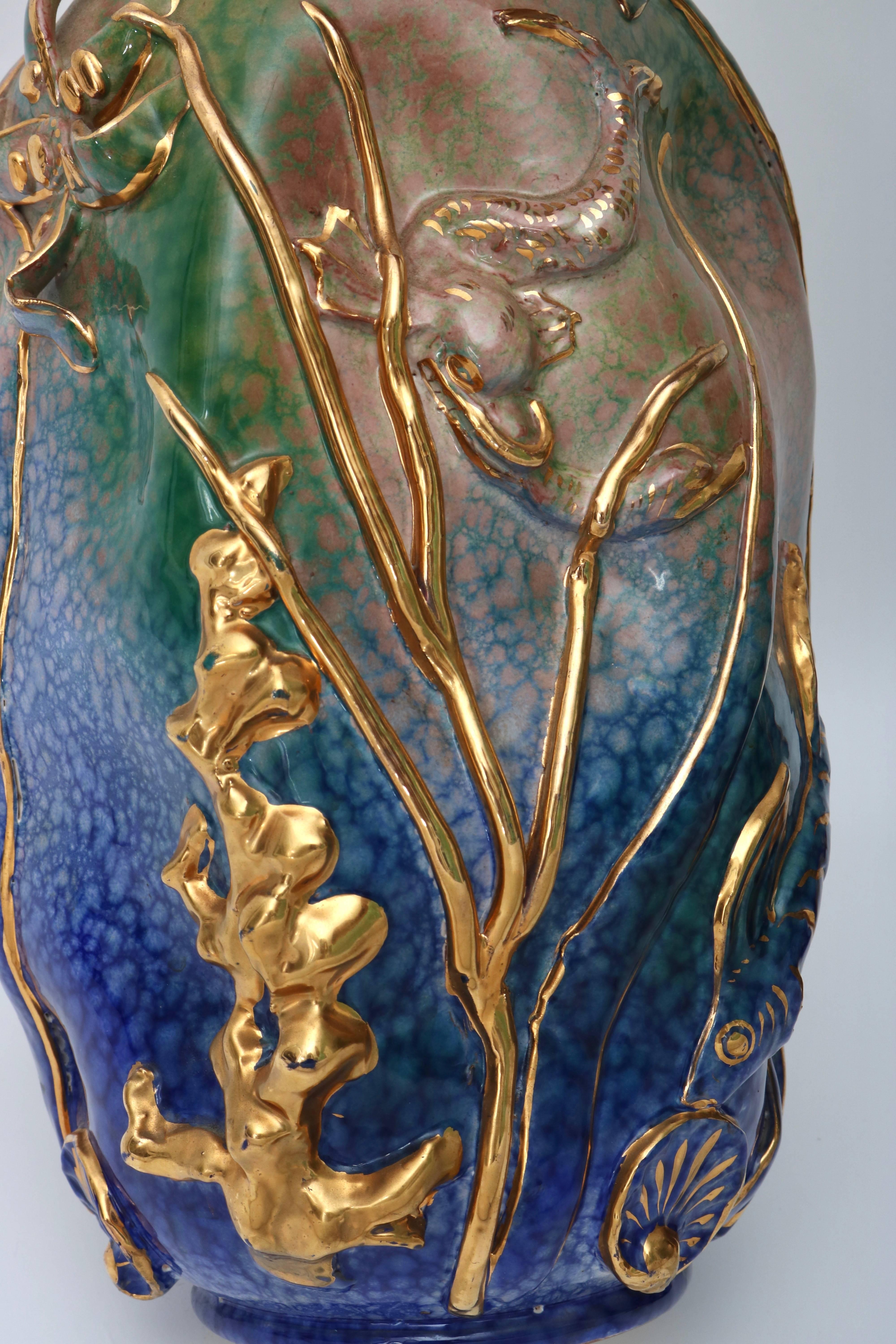 Set of Two Gio Ponti Style Glazed Terra Cotta Vases with Sea Life Motif In Excellent Condition In West Palm Beach, FL