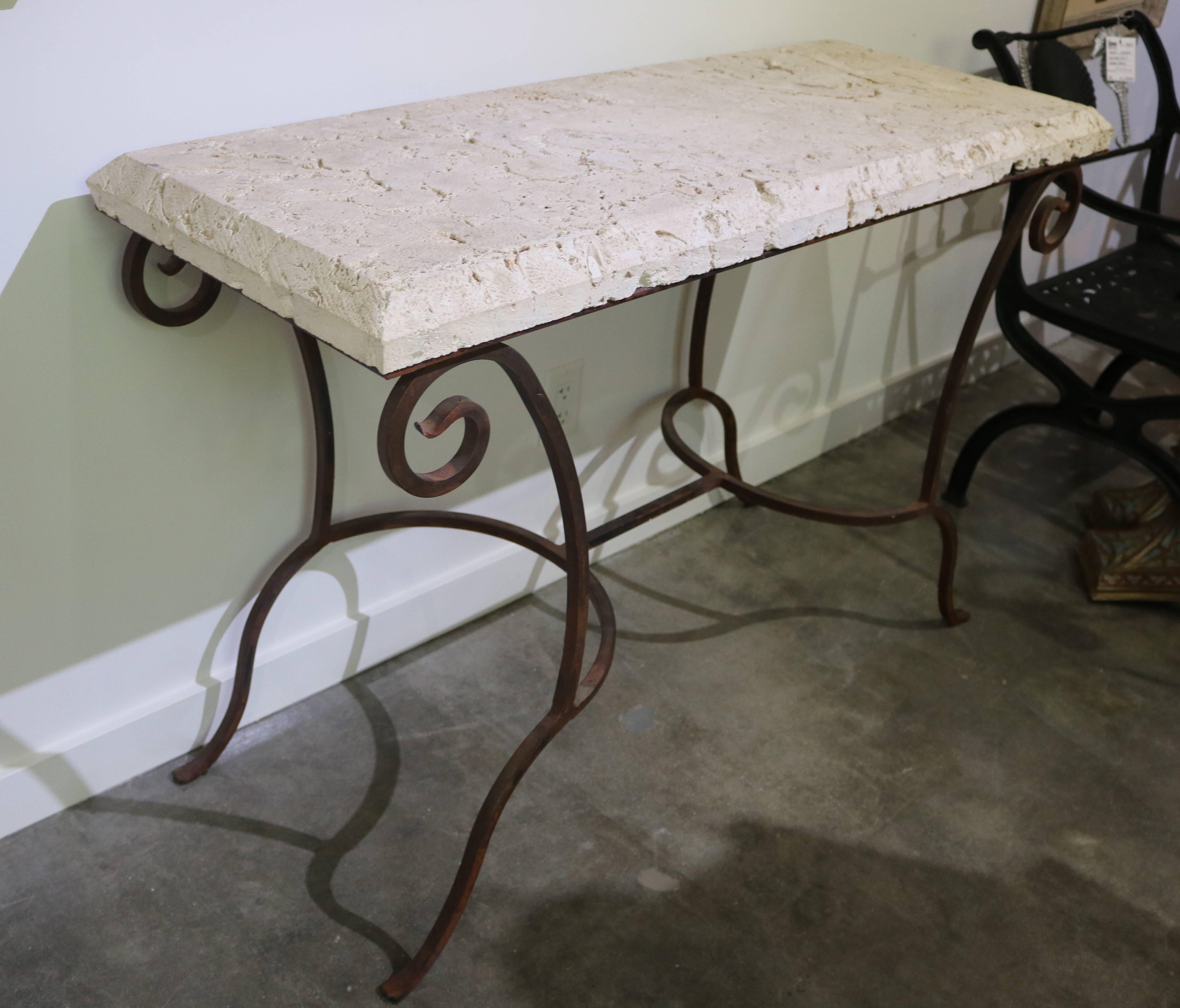 American Mizner Style Rectangular Console Table in Wrought Iron and Coquina Stone