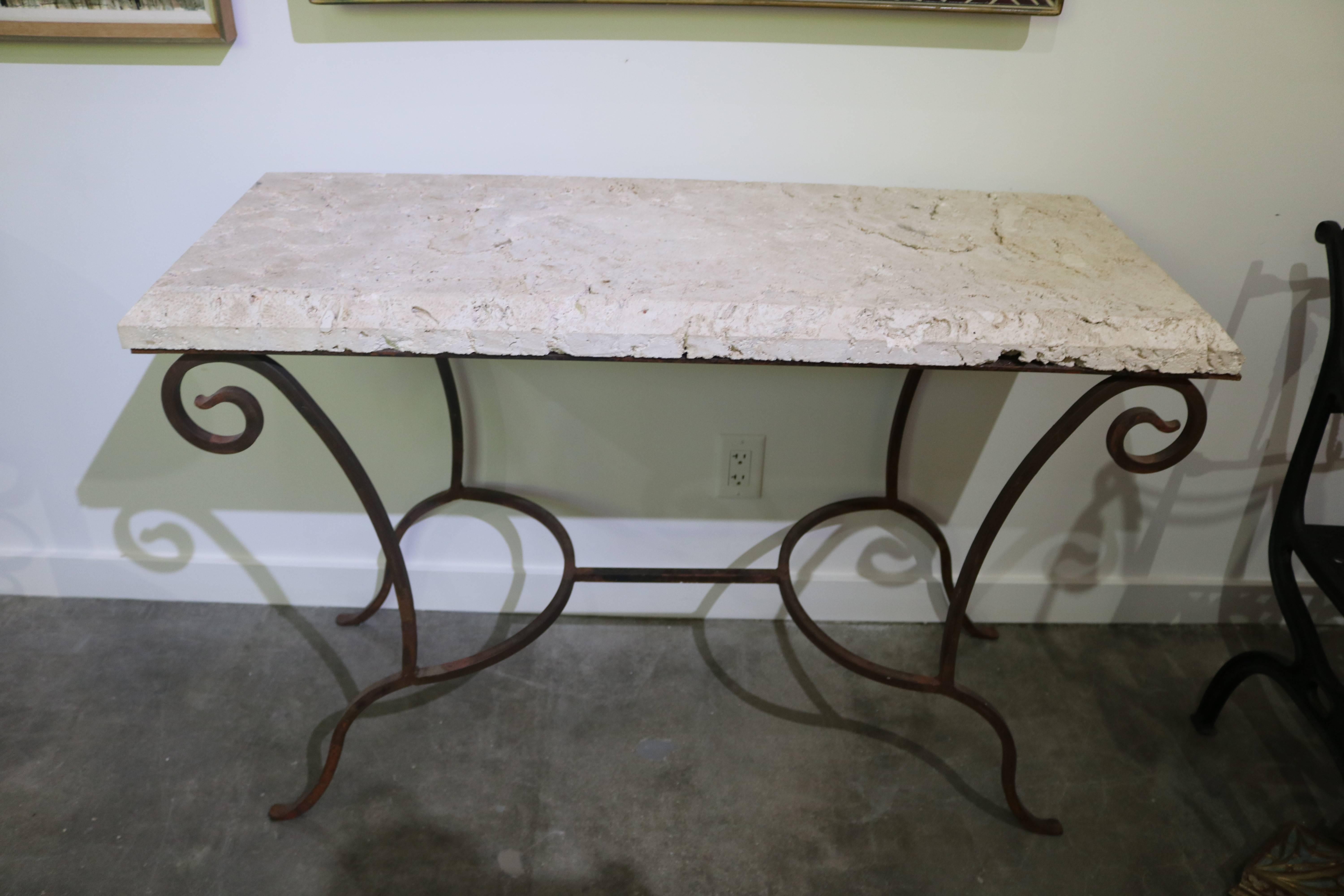 Mizner Style Rectangular Console Table in Wrought Iron and Coquina Stone 1