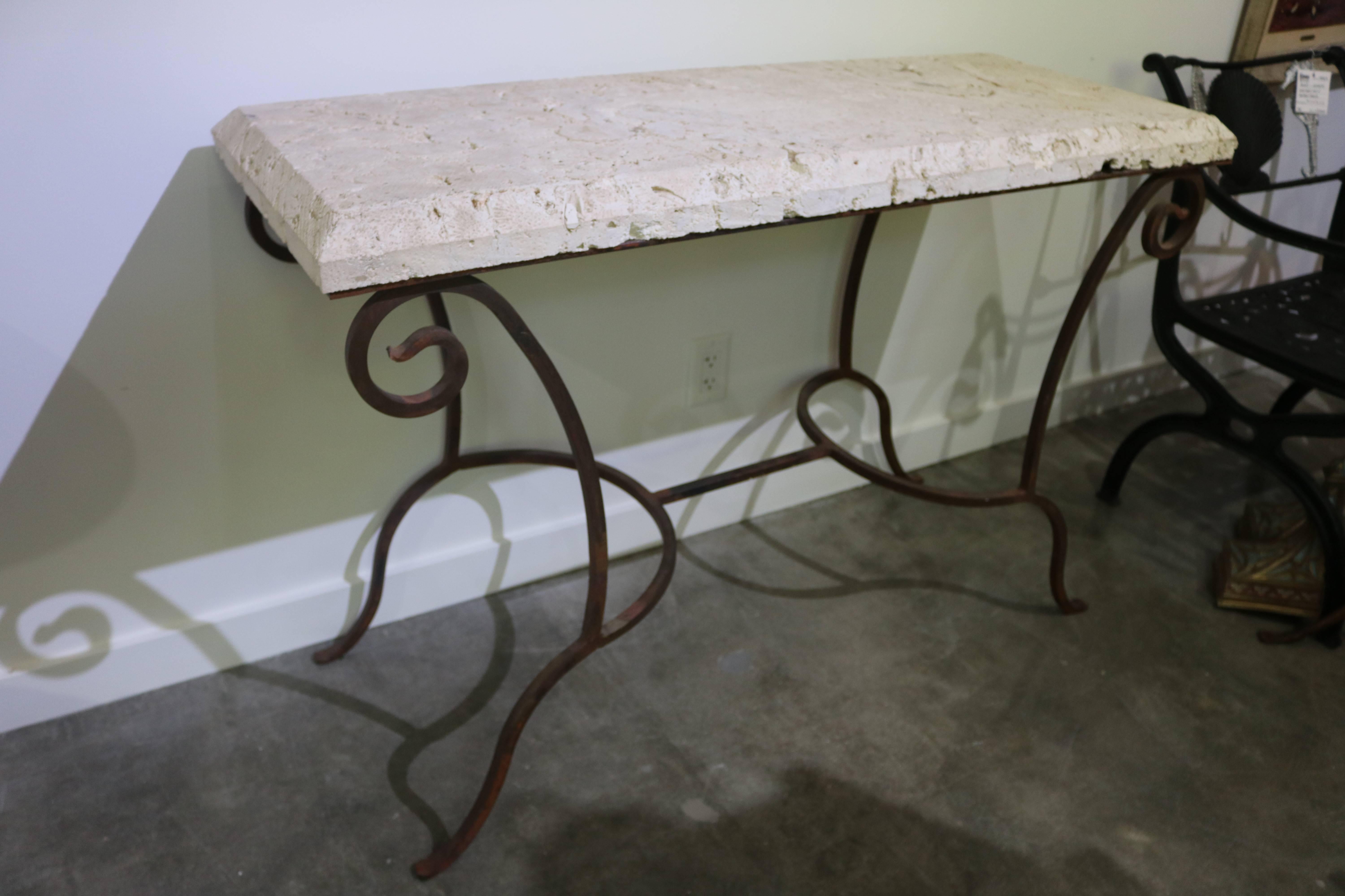 20th Century Mizner Style Rectangular Console Table in Wrought Iron and Coquina Stone