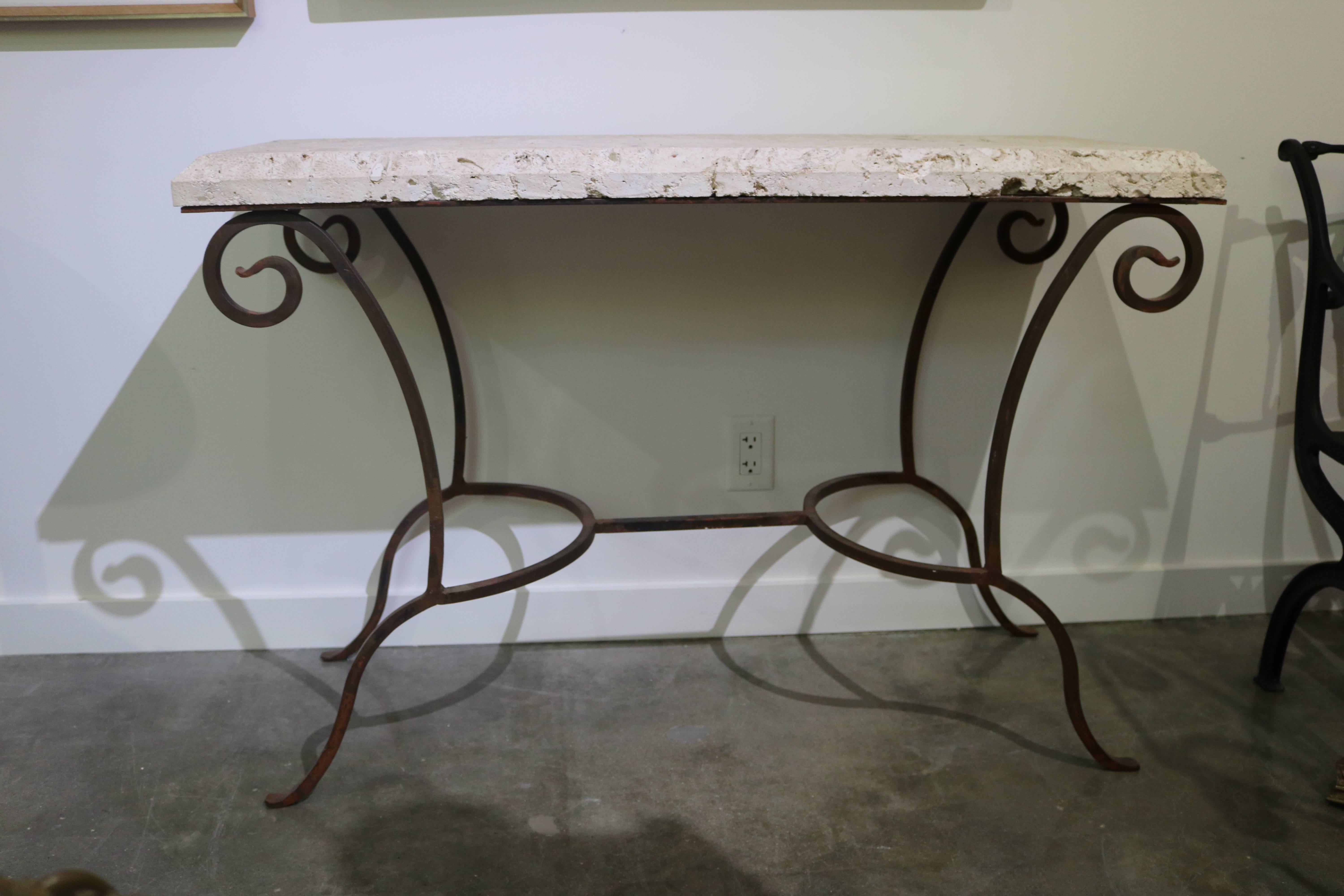 Mizner Style Rectangular Console Table in Wrought Iron and Coquina Stone 3