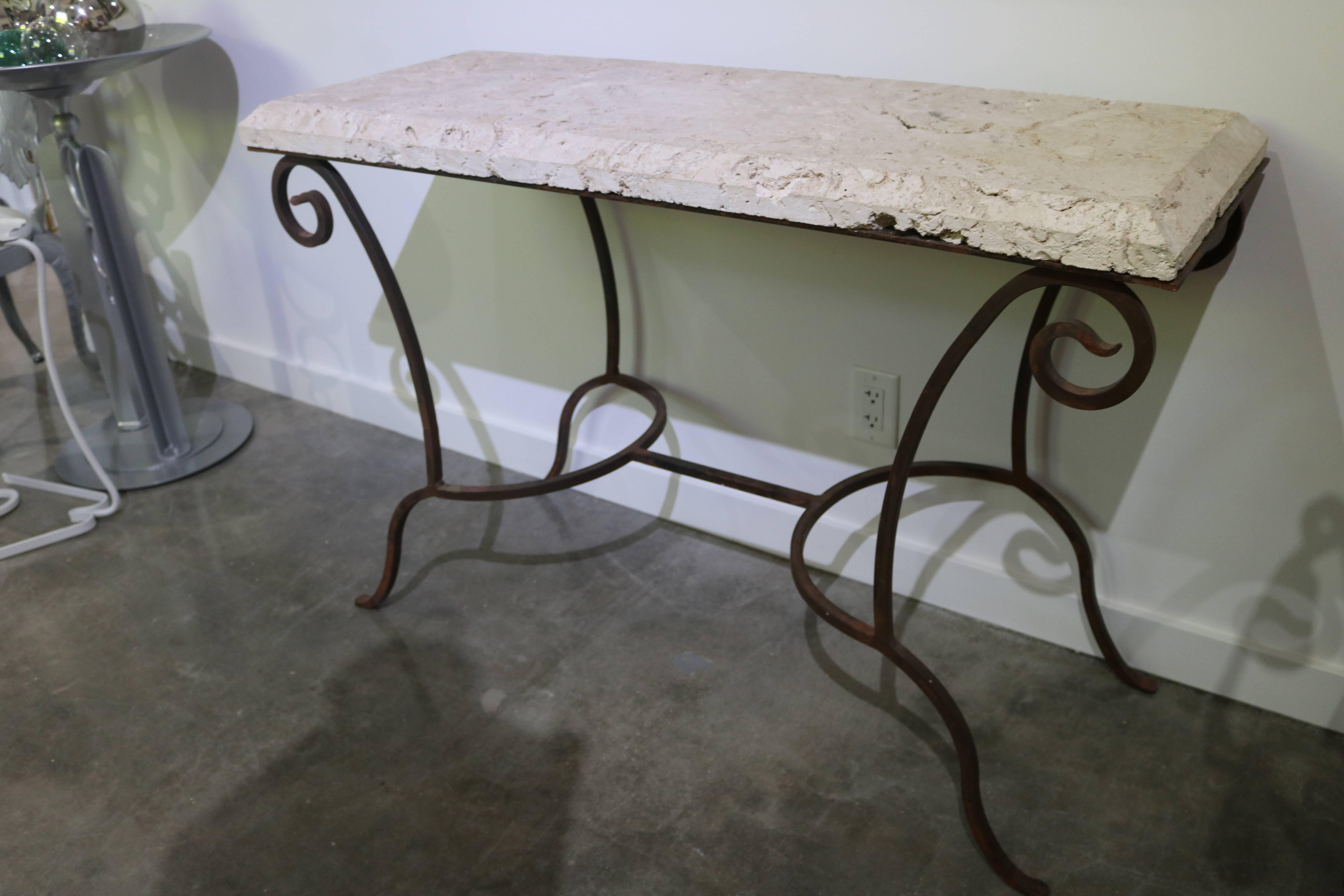 Mizner Style Rectangular Console Table in Wrought Iron and Coquina Stone 2