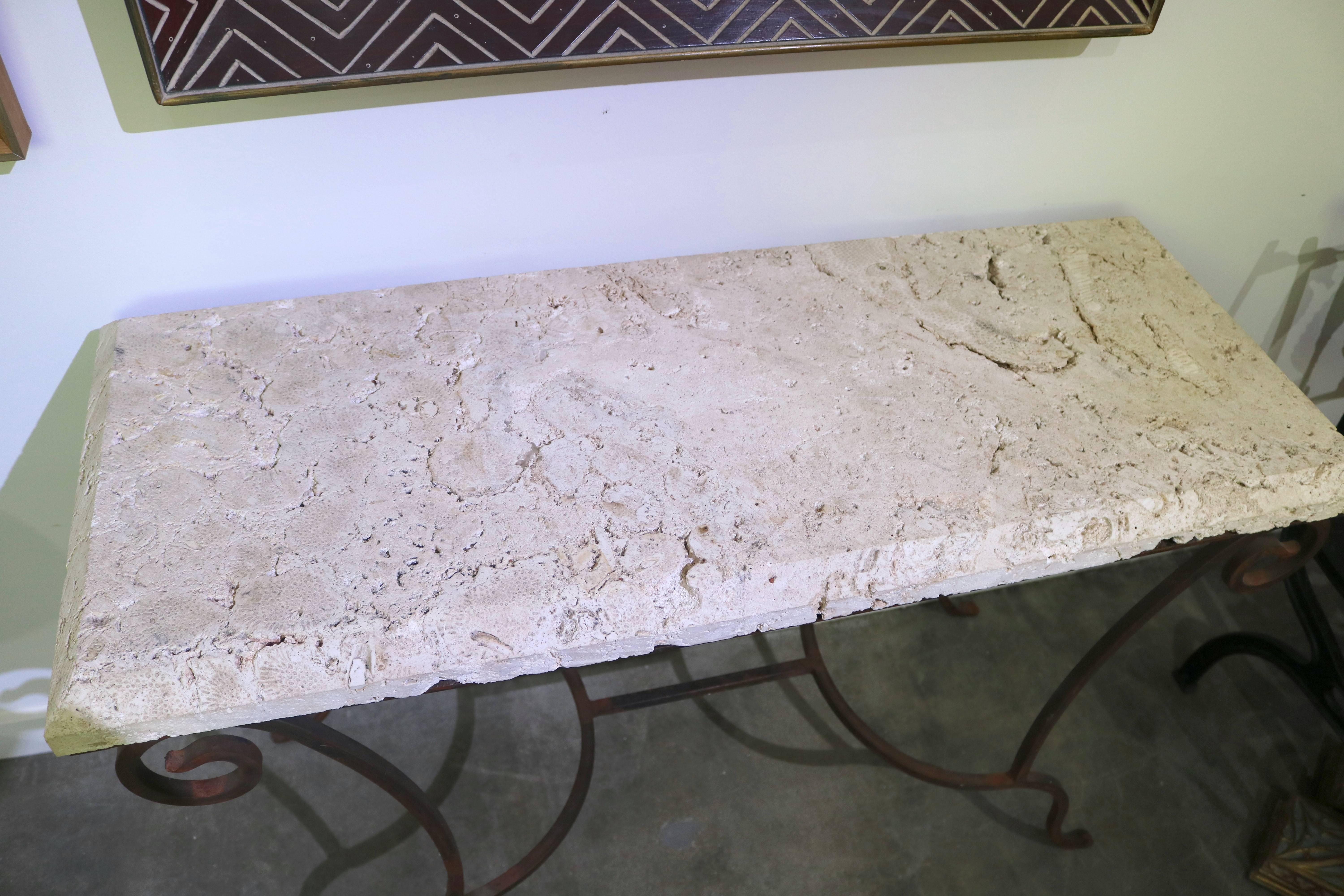 Mizner Style Rectangular Console Table in Wrought Iron and Coquina Stone In Good Condition In West Palm Beach, FL
