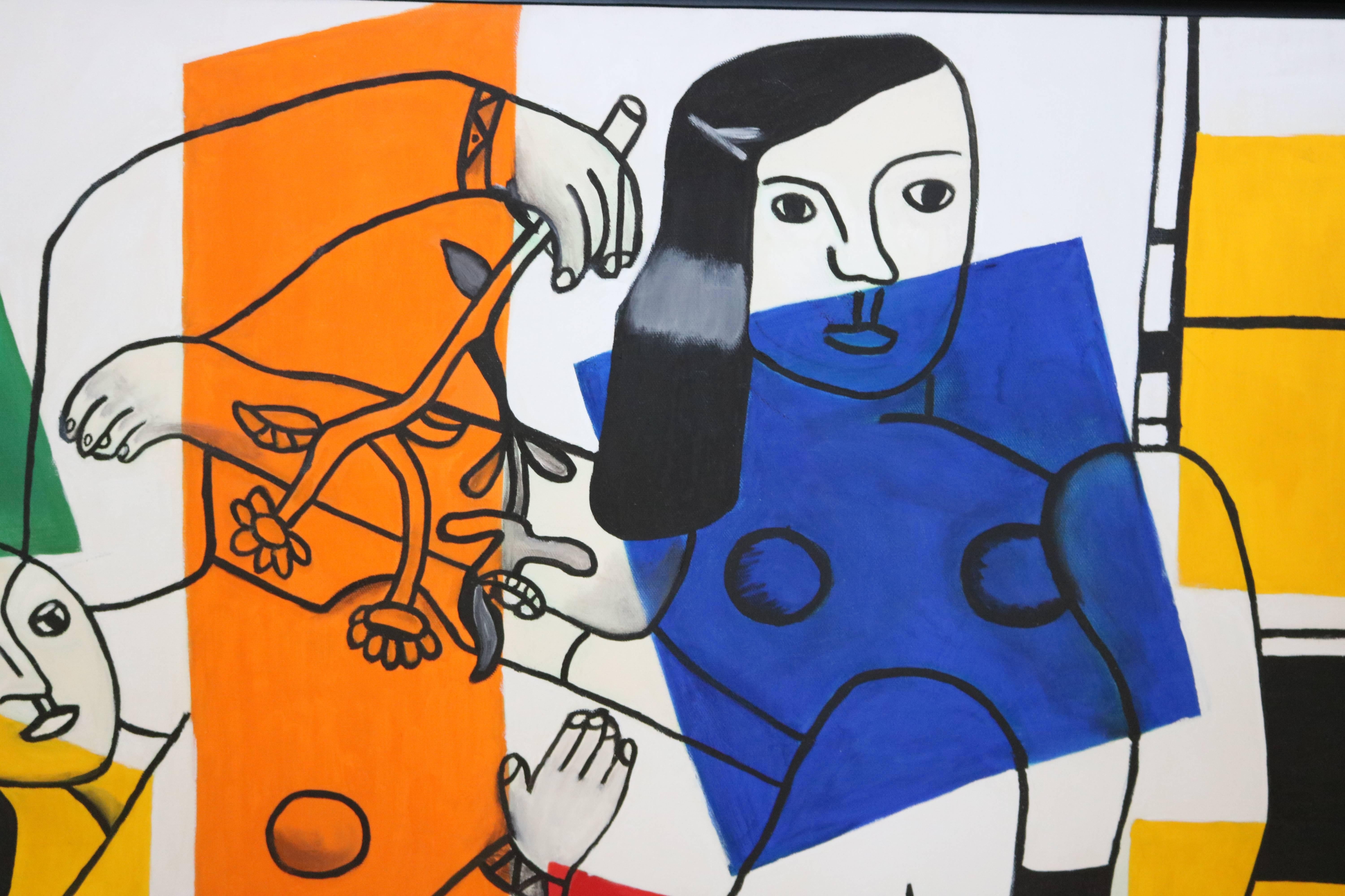 Modern Homage to Fernand Leger Oil on Canvas, Cubist Style Painting