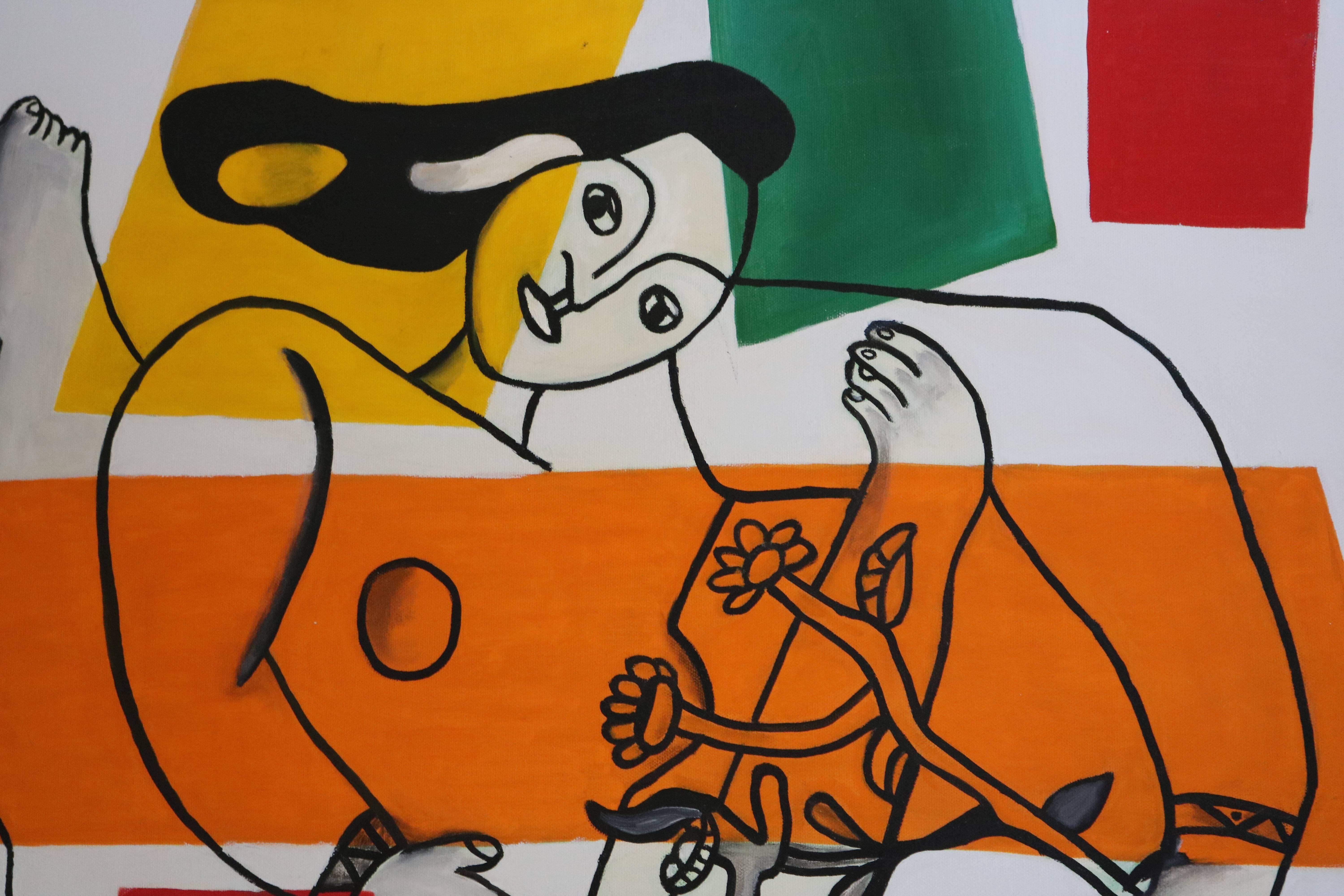 Homage to Fernand Leger Oil on Canvas, Cubist Style Painting In Good Condition In West Palm Beach, FL