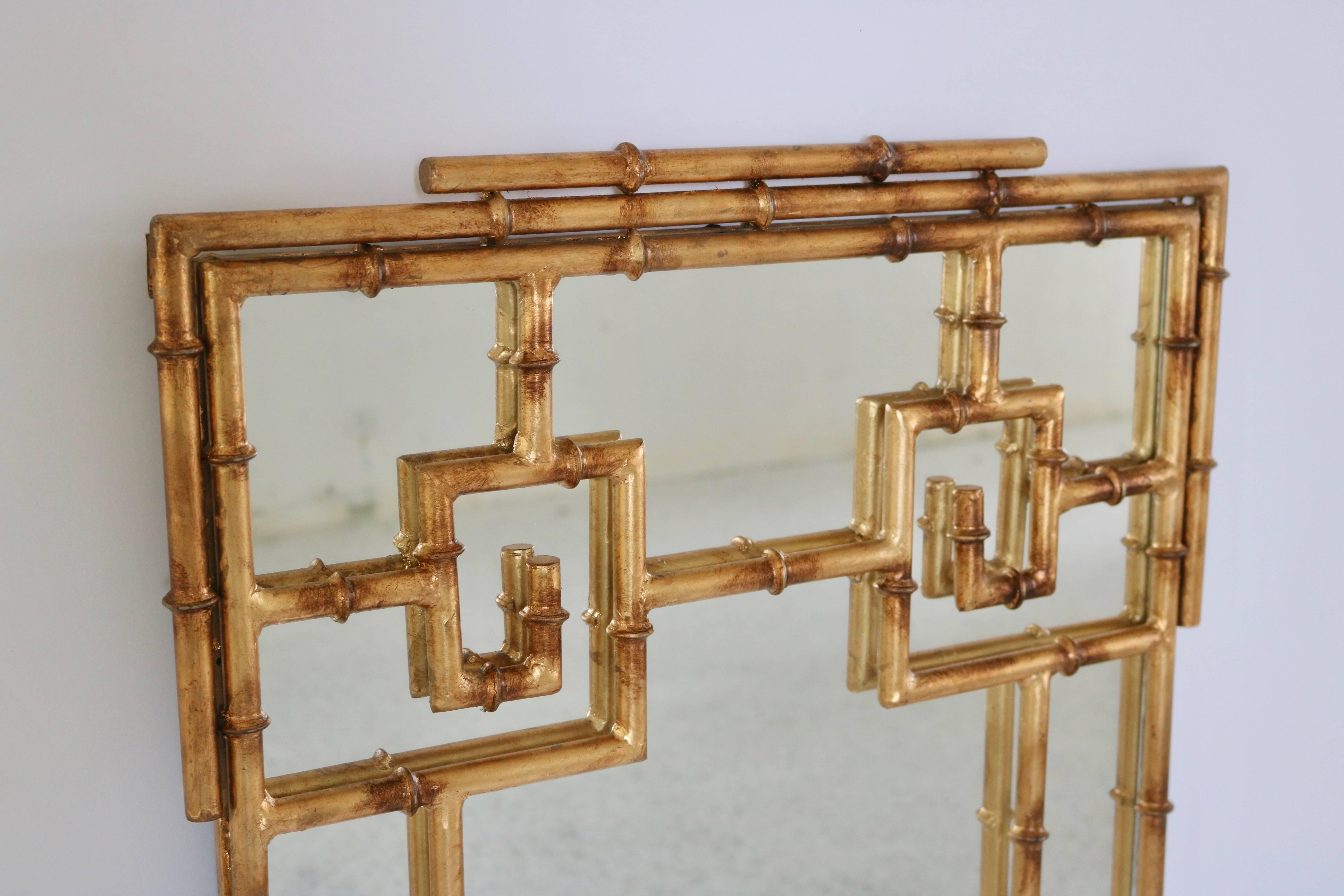 20th Century Hollywood Regency Style Gilt-Gold Metal, Faux Bamboo Mirror