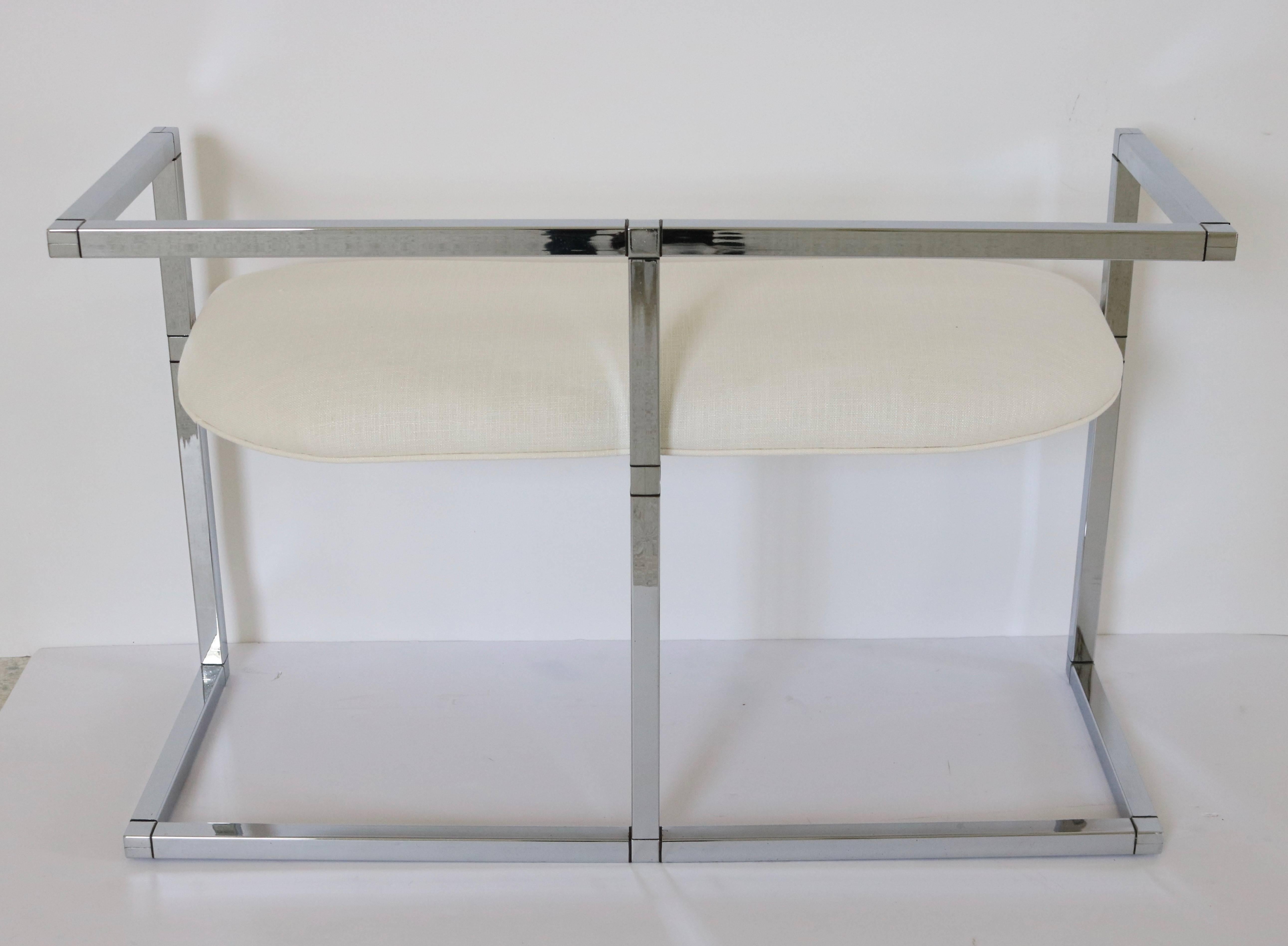 Milo Baughman Style Bench in Polished Chrome and Cream Upholstery 4
