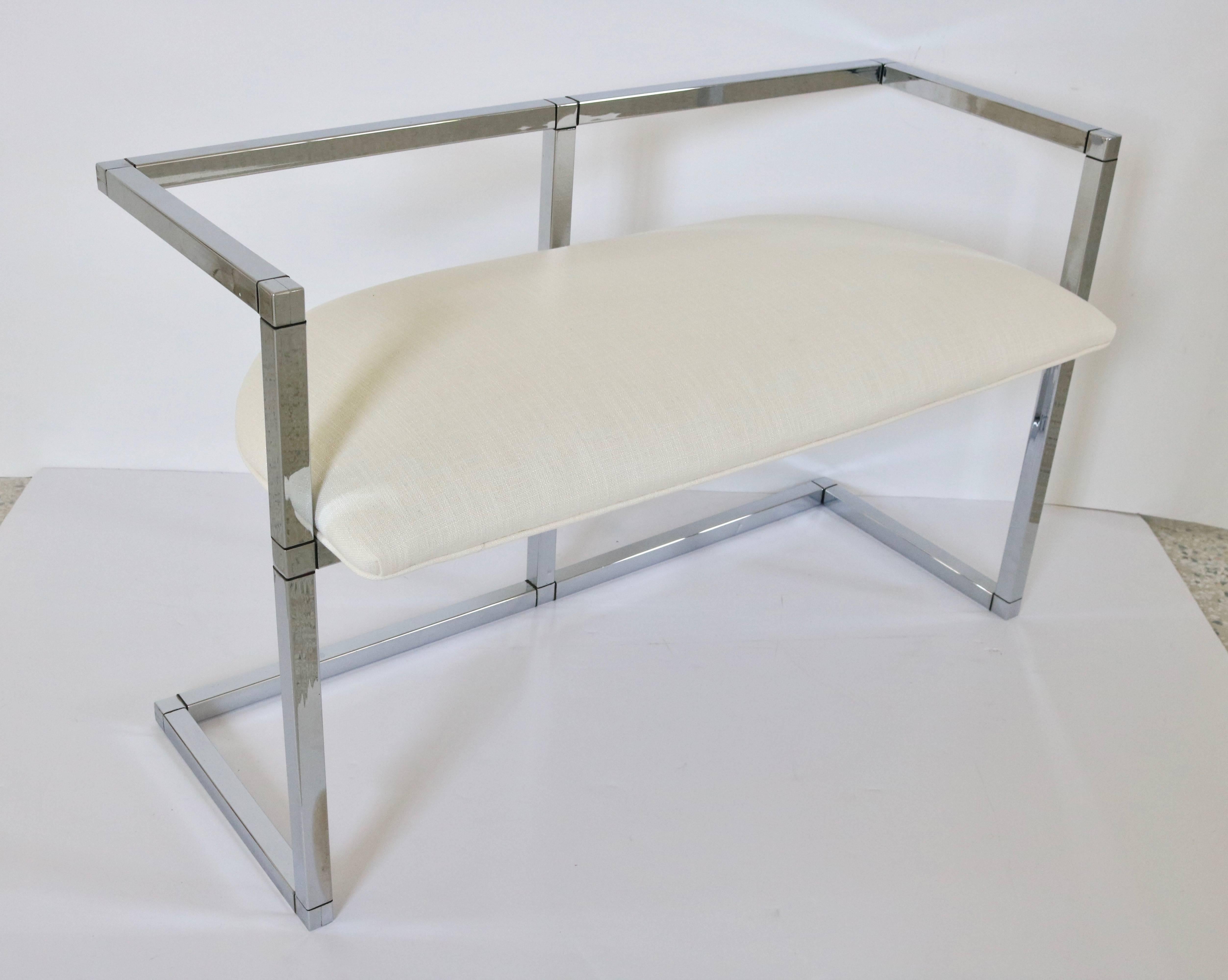 Mid-Century Modern Milo Baughman Style Bench in Polished Chrome and Cream Upholstery