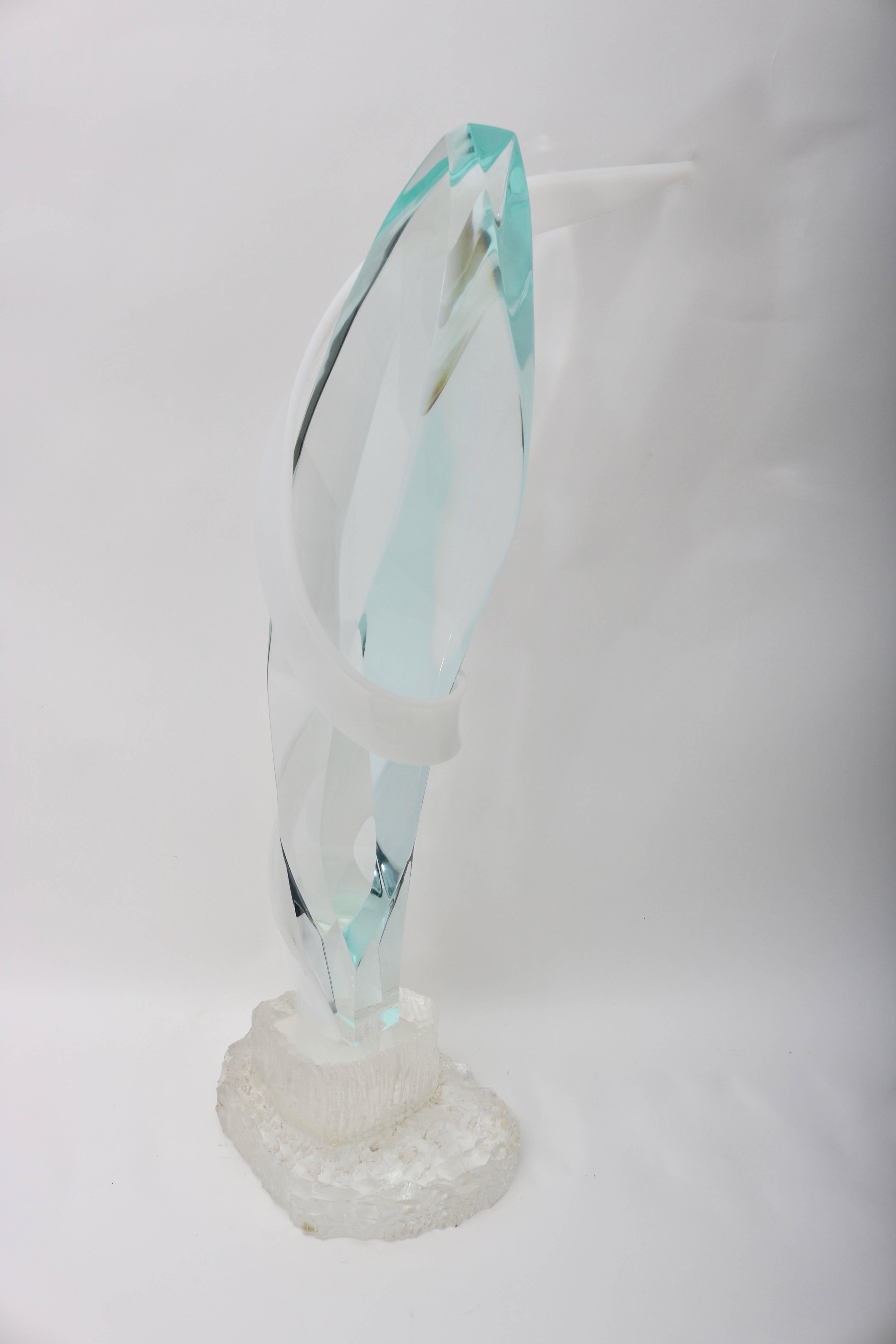 Modern Van Teal Style Ribbon-Form Lucite Sculpture, Clear, White and Turquoise Green