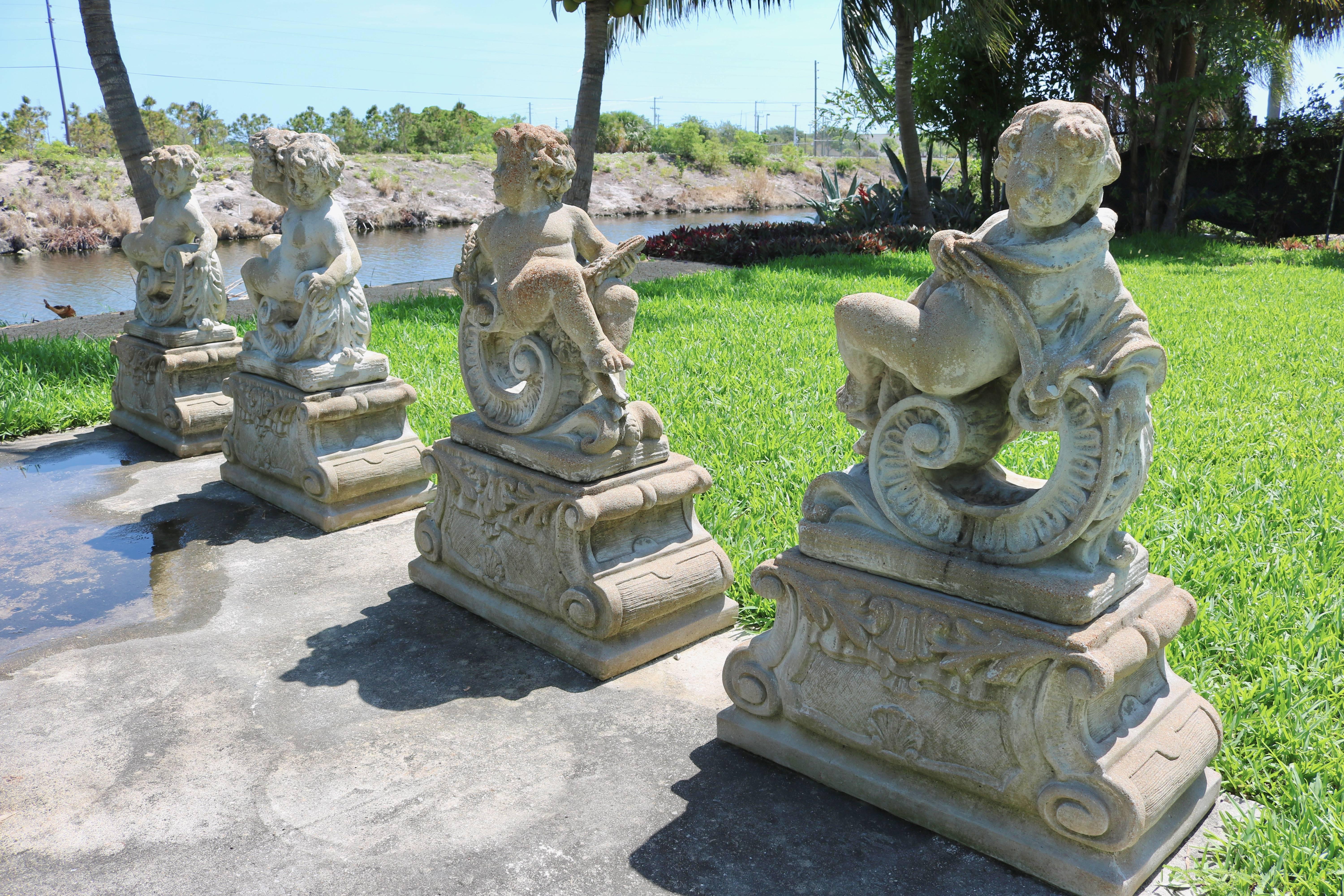 This stylish set of garden sculptures depicting the four seasons were acquired from a Palm Beach estate. They have weathered to a handsome aged-look from years on the coastline.

Note:  As the pieces are cast from a mold they will vary slightly in