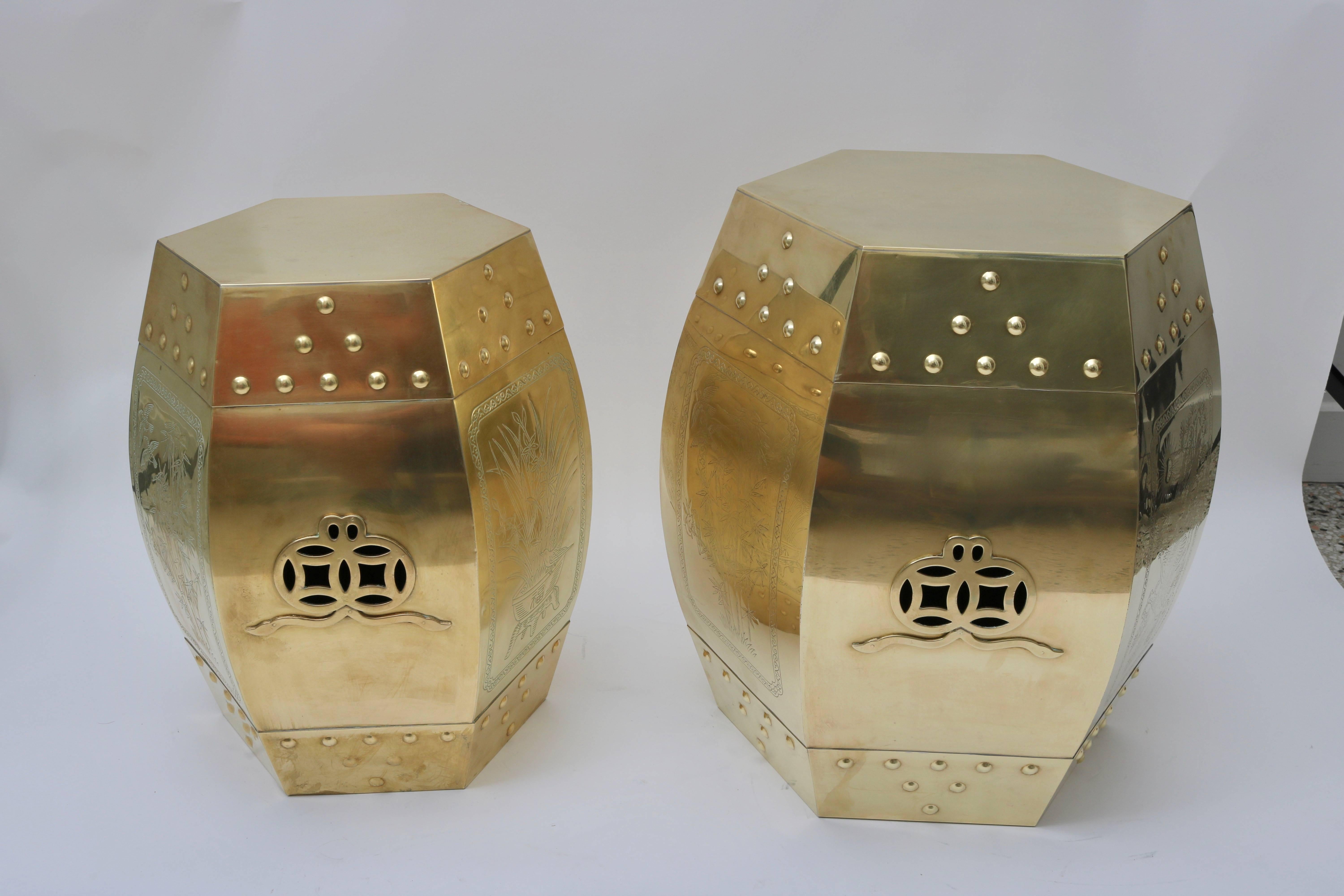 Hong Kong Set of Two Brass Garden Stool Tables