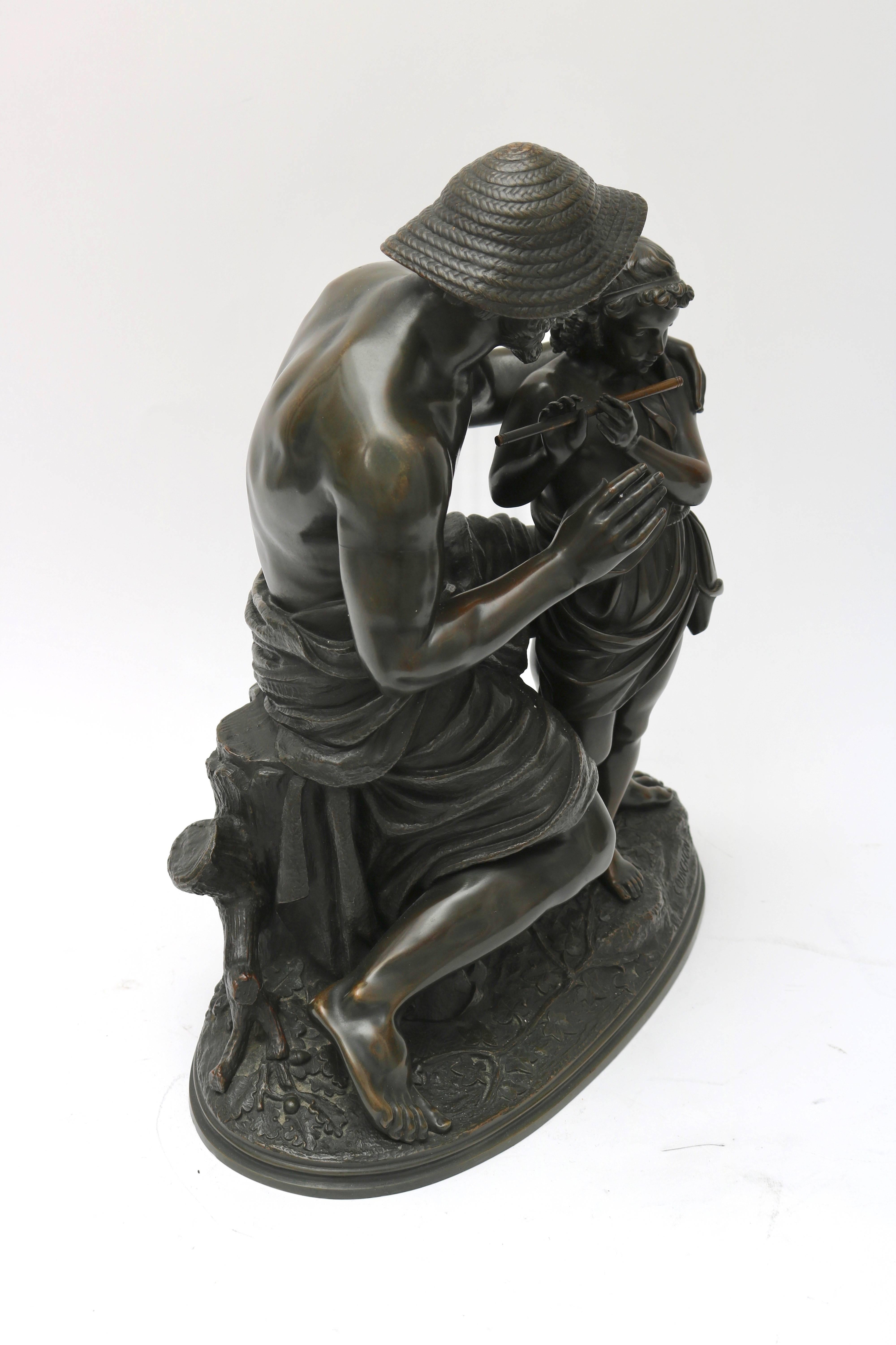 This charming bronze dates from the mid-late 19th century and was created by the French sculptor Jaques Antoine Coinchon. The piece depicts a father teaching his son how to play the flute.
FYI:
Jaques - Antoine - Théodore Coinchon (1814 to 1881,