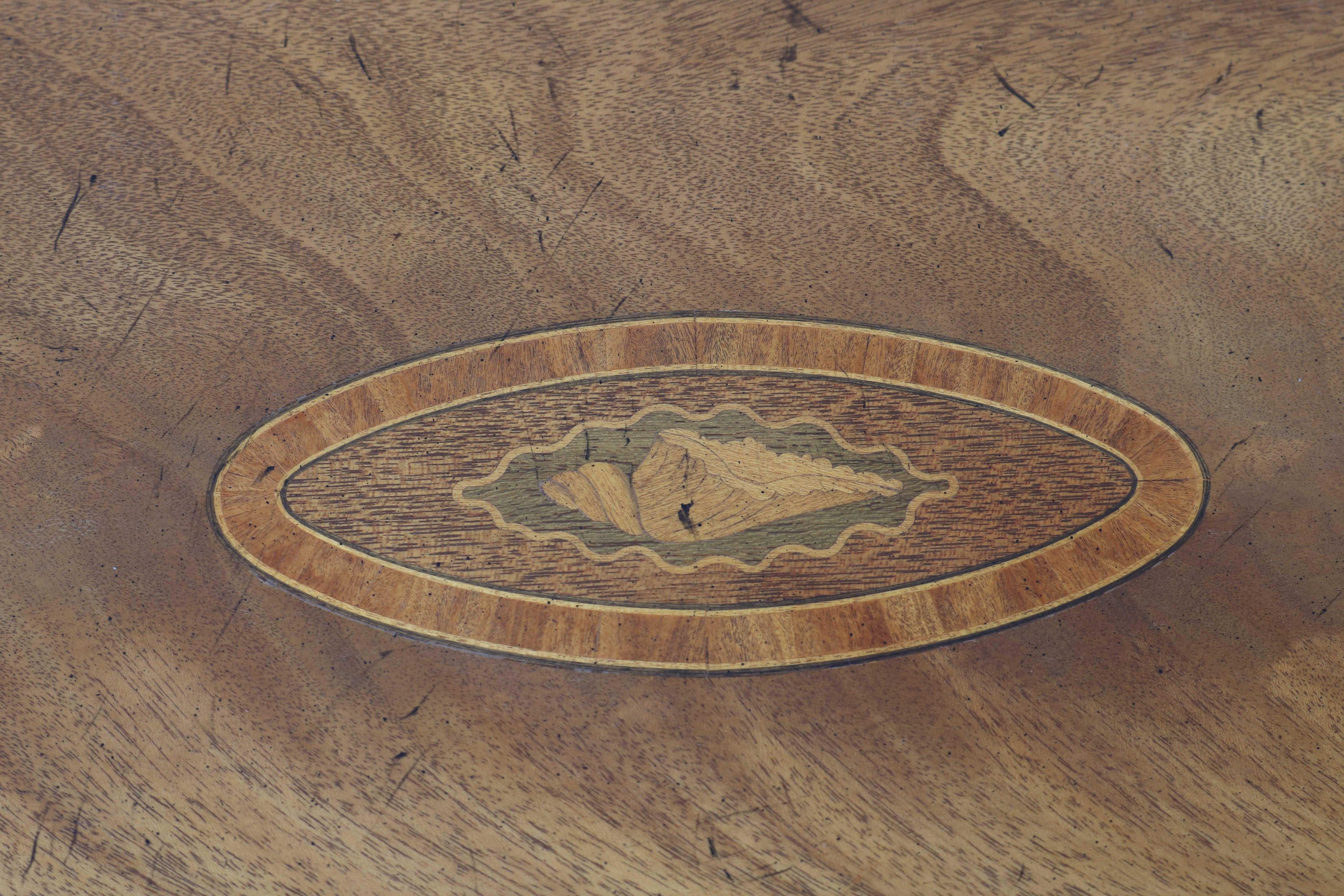 Baker Furniture, Sheraton Style Oval Side Table with Marquetry Top with Seashell 1