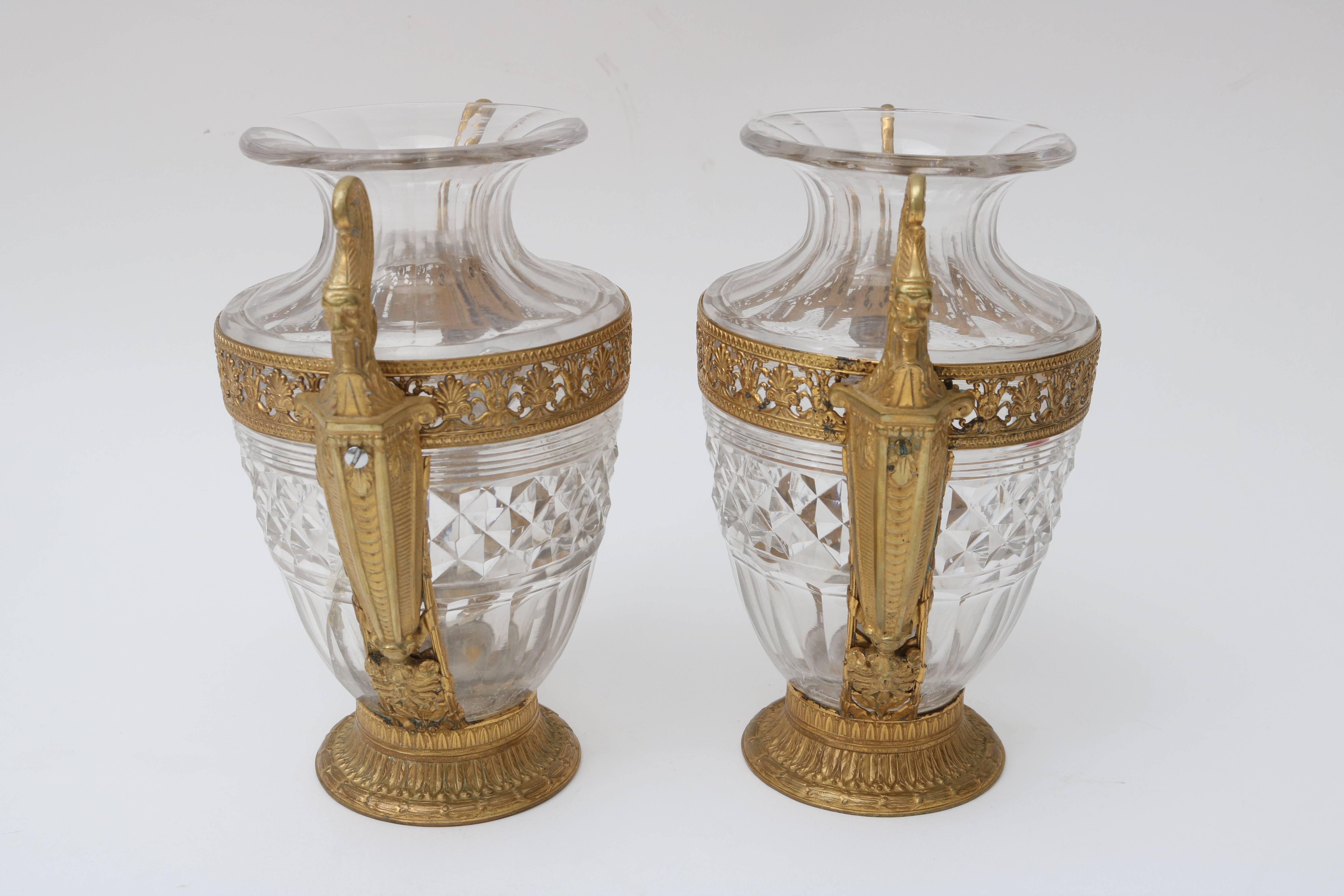  French Empire Style Bronze and Crystal Vases In Good Condition For Sale In West Palm Beach, FL