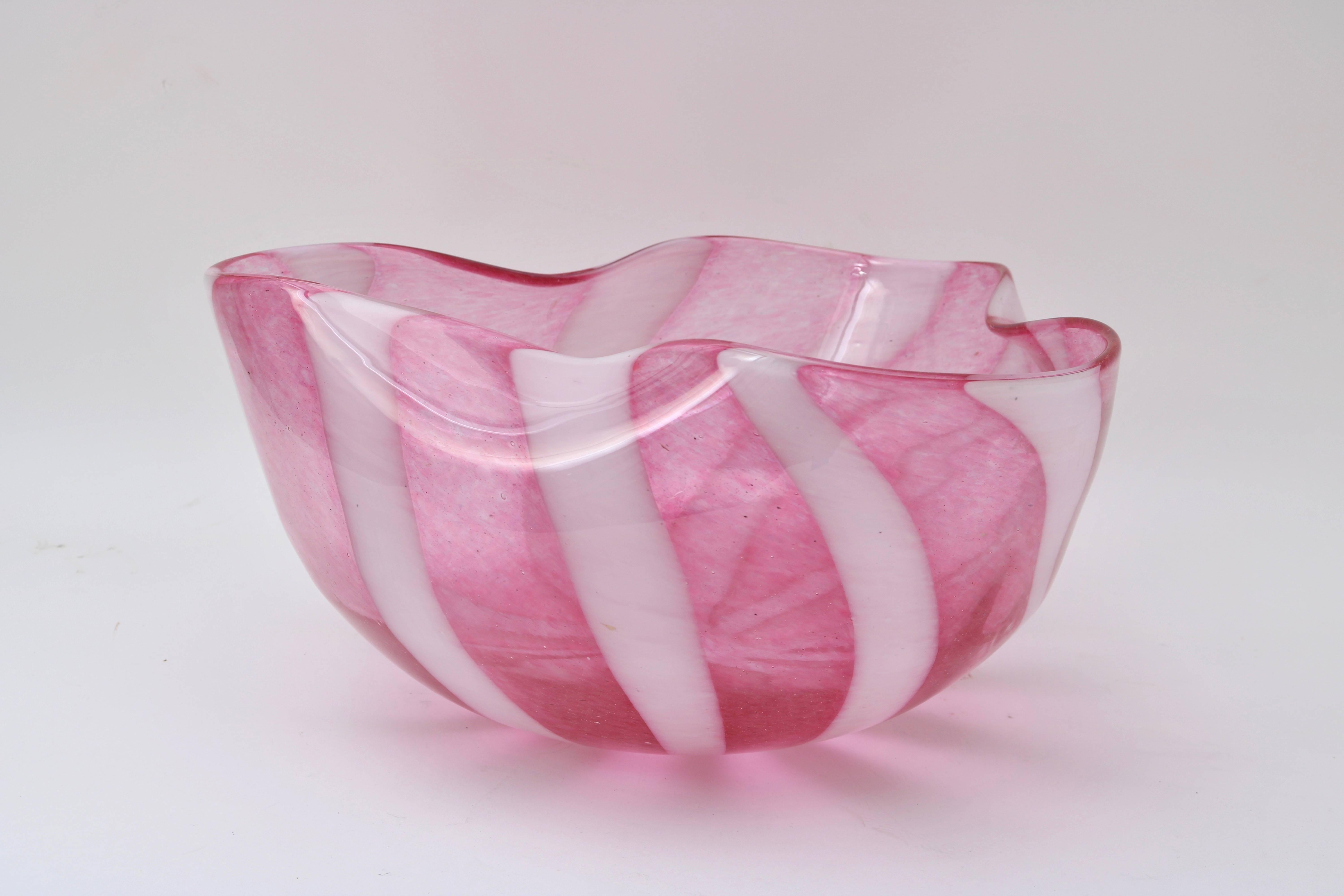 Italian  Murano Glass Bowl with Swirl Pattern in a Raspberry and White Coloration