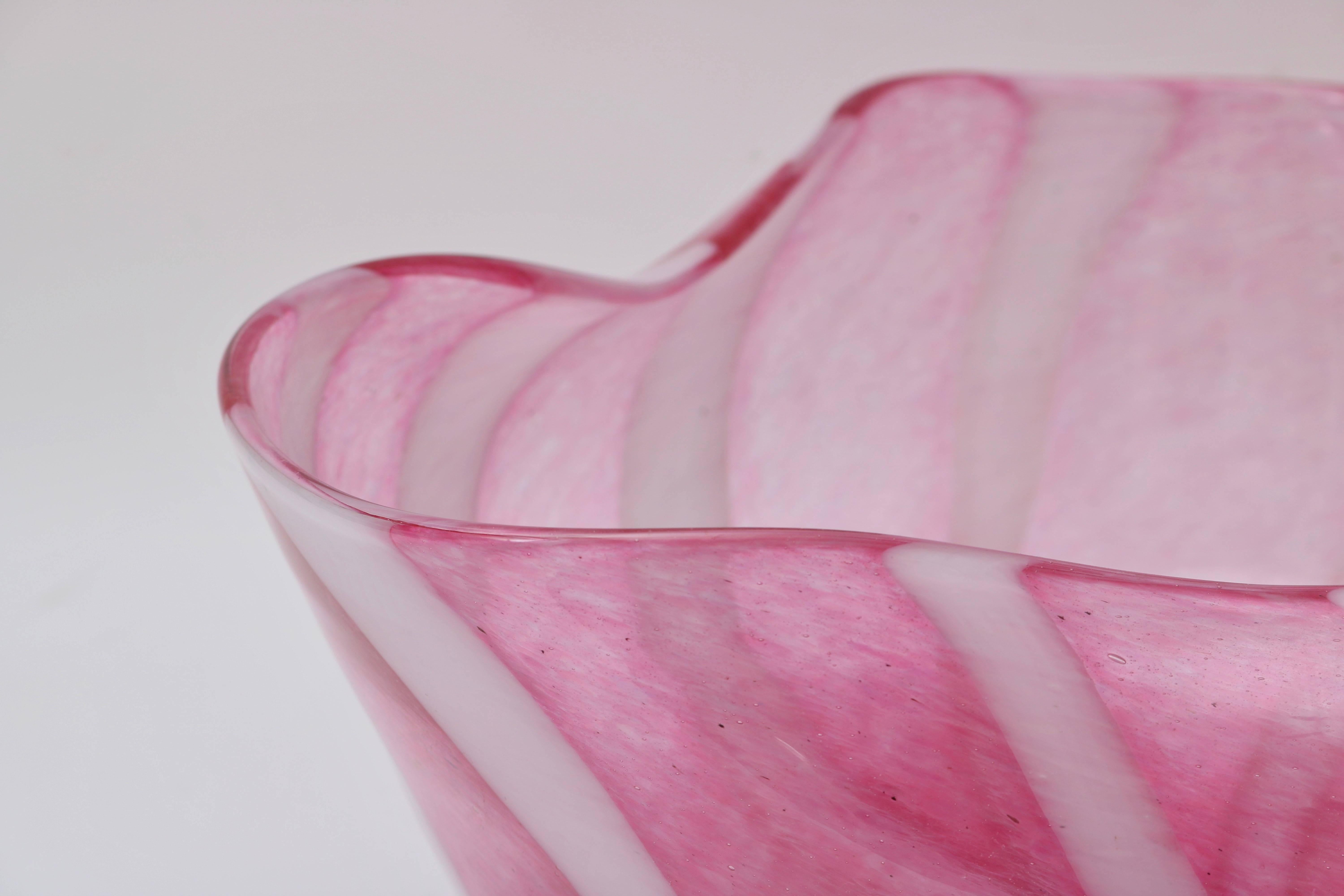 Modern  Murano Glass Bowl with Swirl Pattern in a Raspberry and White Coloration