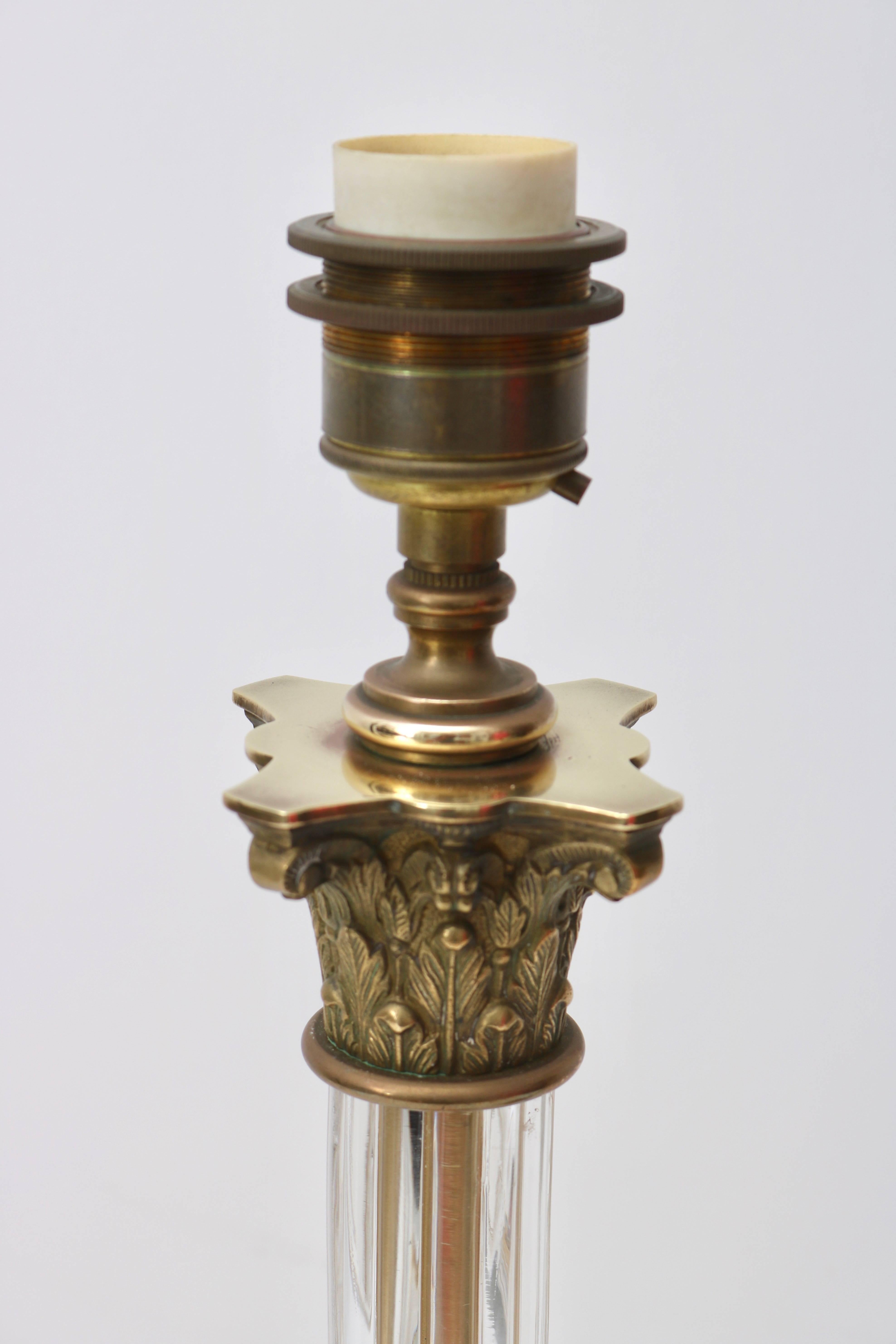 Neoclassical Revival Pair of Bronze and Crystal Column Form Table Lamps For Sale