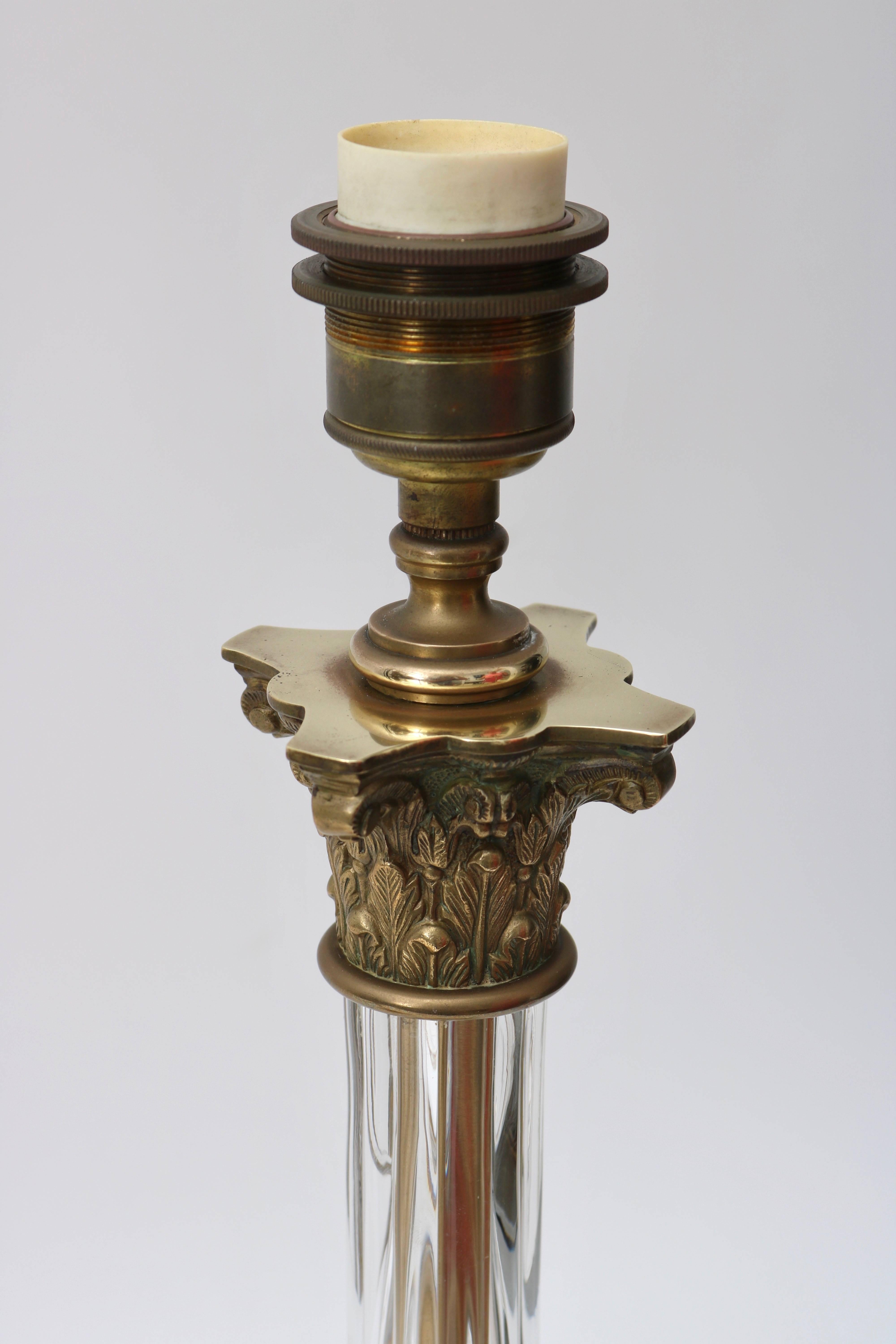 Pair of Bronze and Crystal Column Form Table Lamps In Good Condition For Sale In West Palm Beach, FL