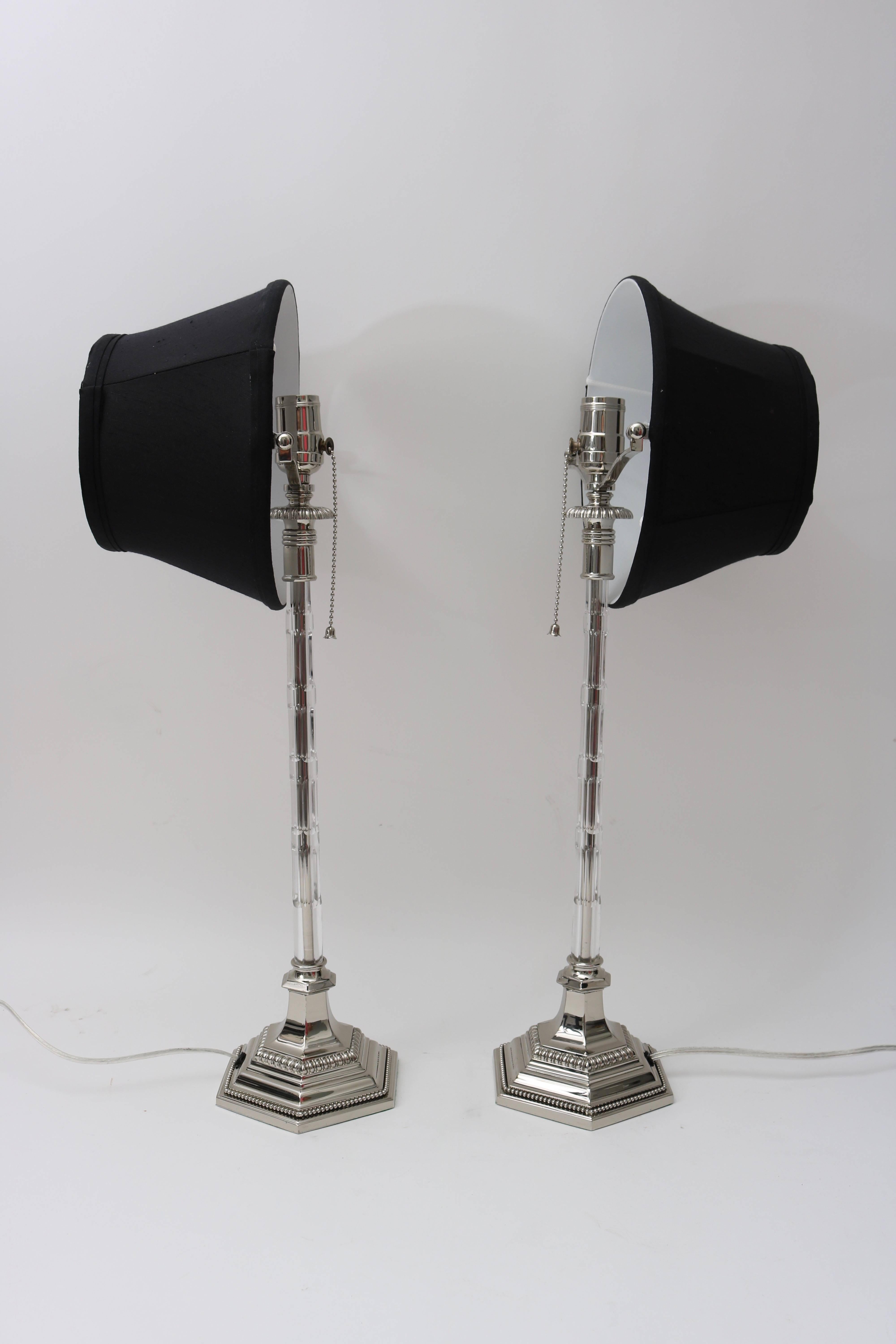 American Pair of Art Deco Vanity Table Lamps, Nickle Plate and Cut Crystal, Black Shade