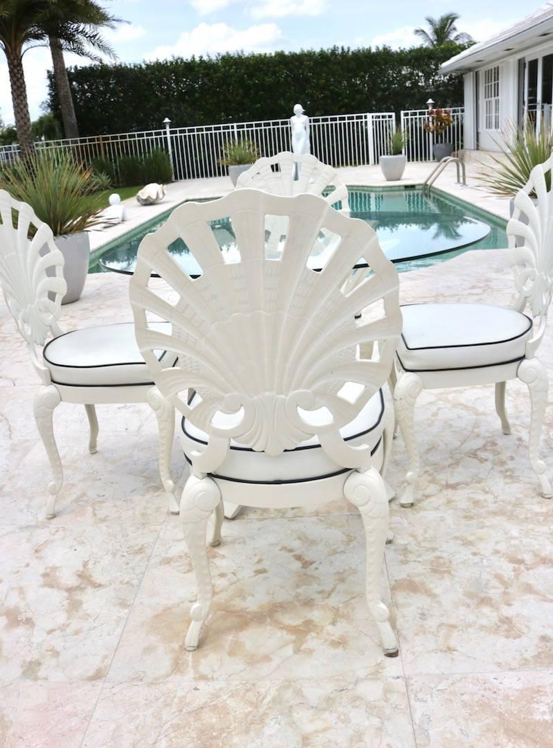 Brown Jordan Grotto Shell Back Chairs and Round Glass Top Table in White In Good Condition In West Palm Beach, FL